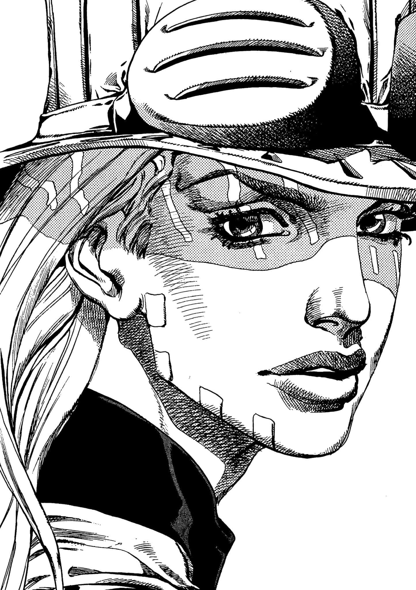 Jojo Steel Ball Run 桌布 壁紙 — 一個引人注目的黑白漫畫風格肖像，描繪一位戴著寬邊帽、眼神強烈的女性。