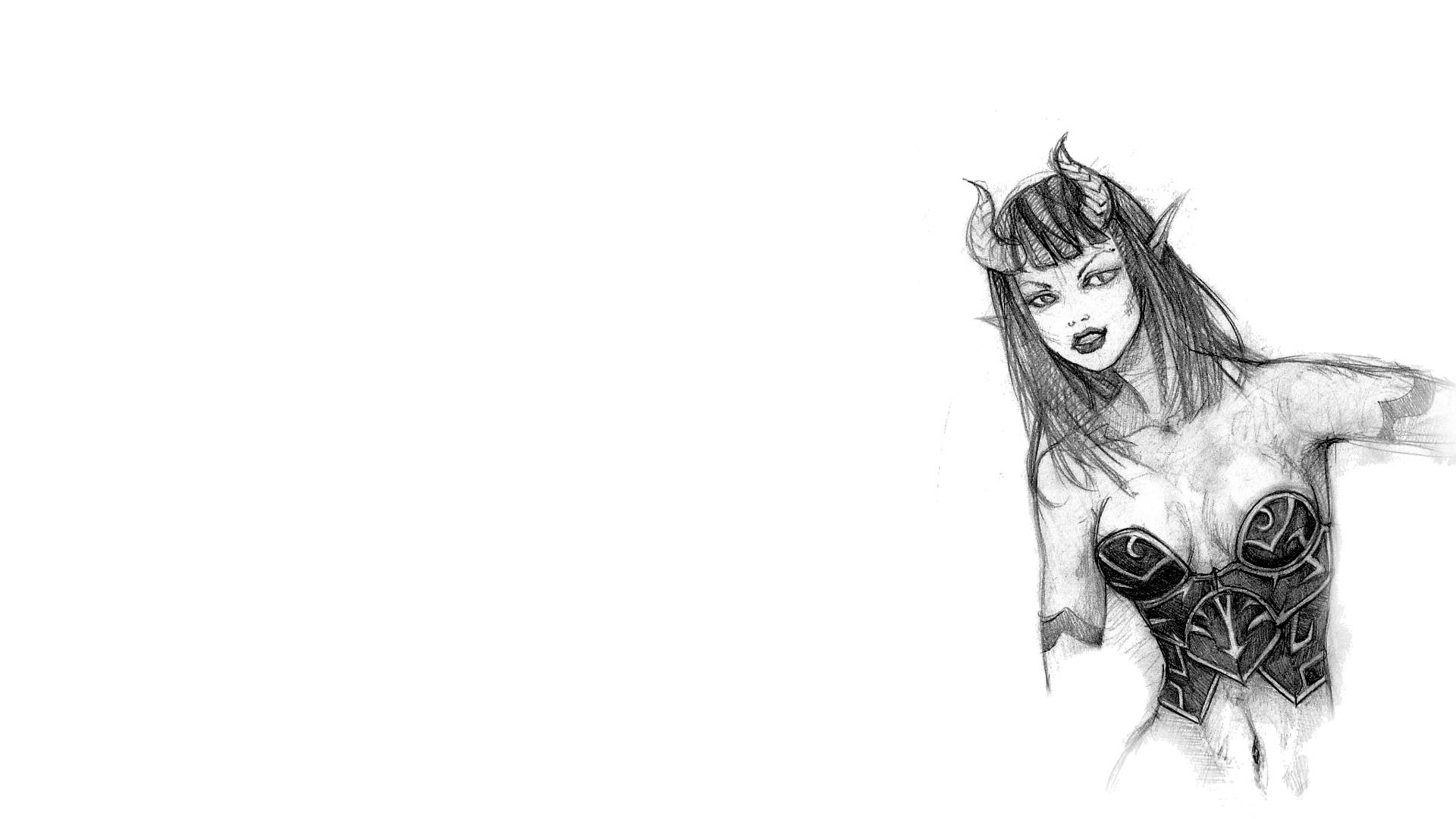 Succubus 桌布 壁紙 — 一個引人注目的黑白素描，描繪一個帶有角和華麗盔甲的惡魔女性形象，自信地擺姿勢。
