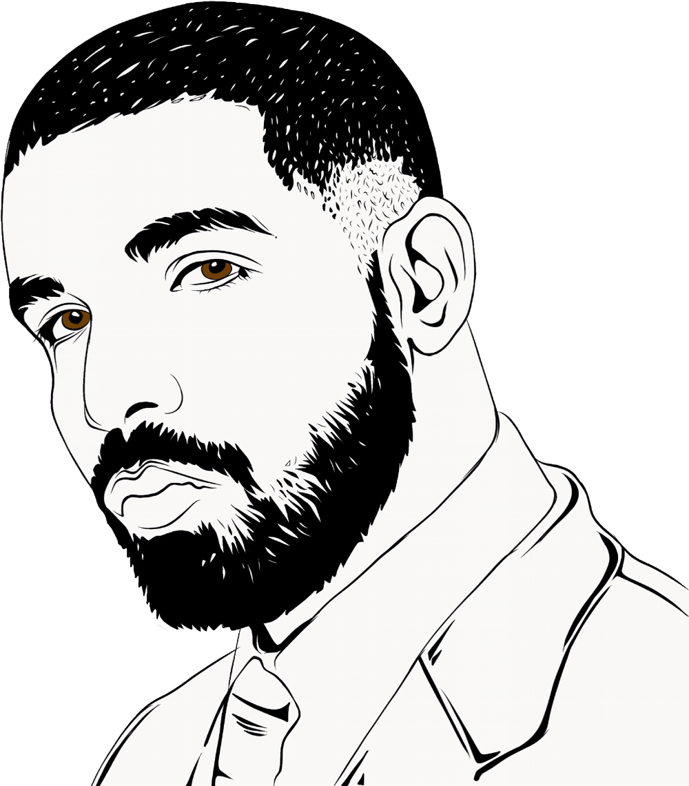 Drake 桌布 壁紙 — 一個引人注目的黑白線條藝術肖像，描繪一位留鬍鬚的男子，身穿有領襯衫和領帶，背景為純黑色。