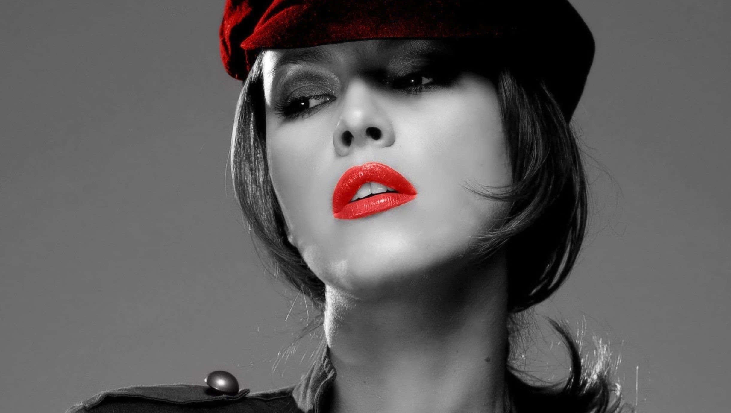 red lips 桌布 壁紙 — 一個引人注目的黑白肖像，一位女性塗著大膽的紅唇，戴著相配的貝雷帽，背景為灰色。