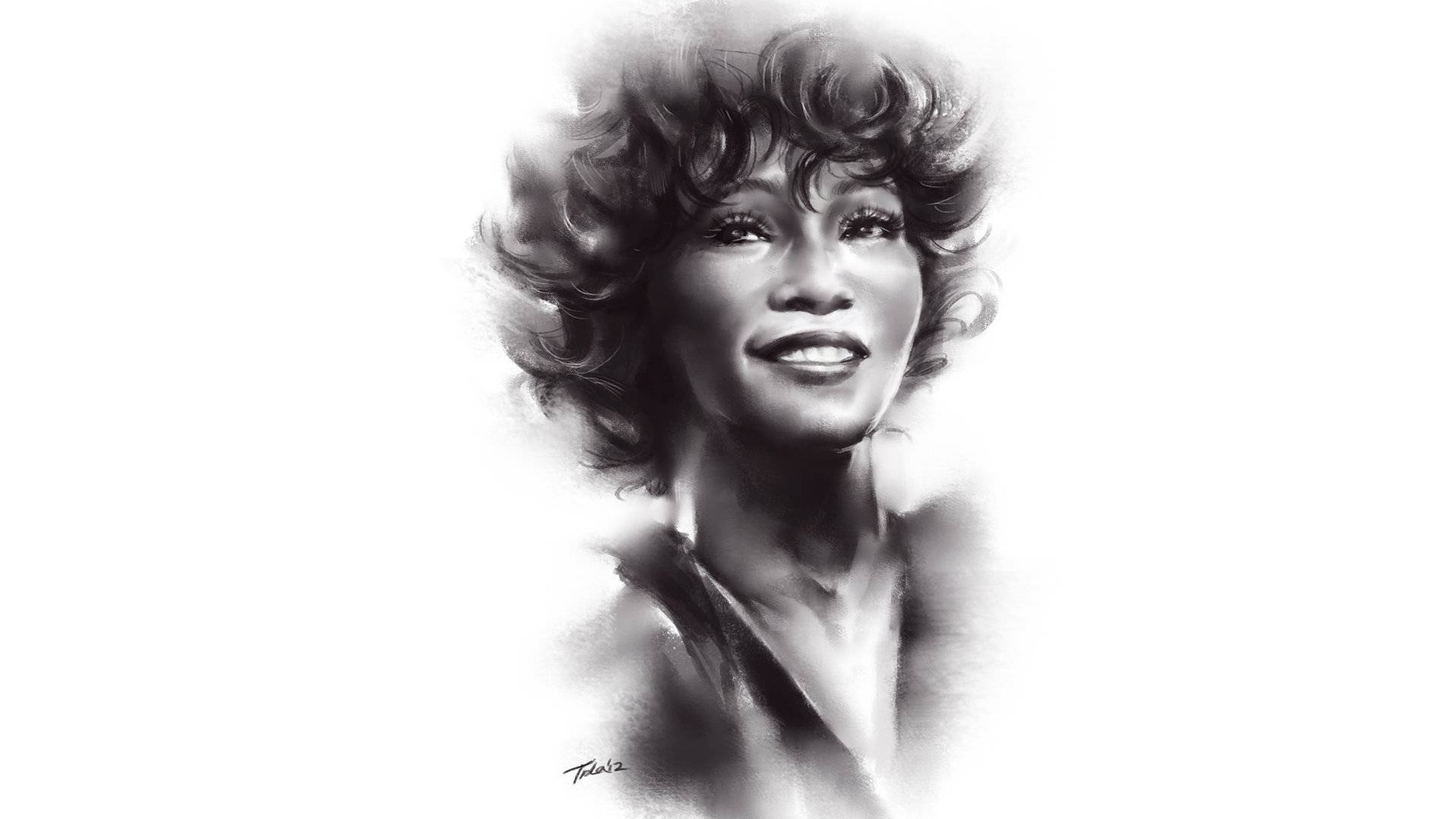 Whitney 桌布 壁紙 — 一個引人注目的黑白肖像，一位擁有豐盈捲髮的女性在純白背景上溫柔微笑。