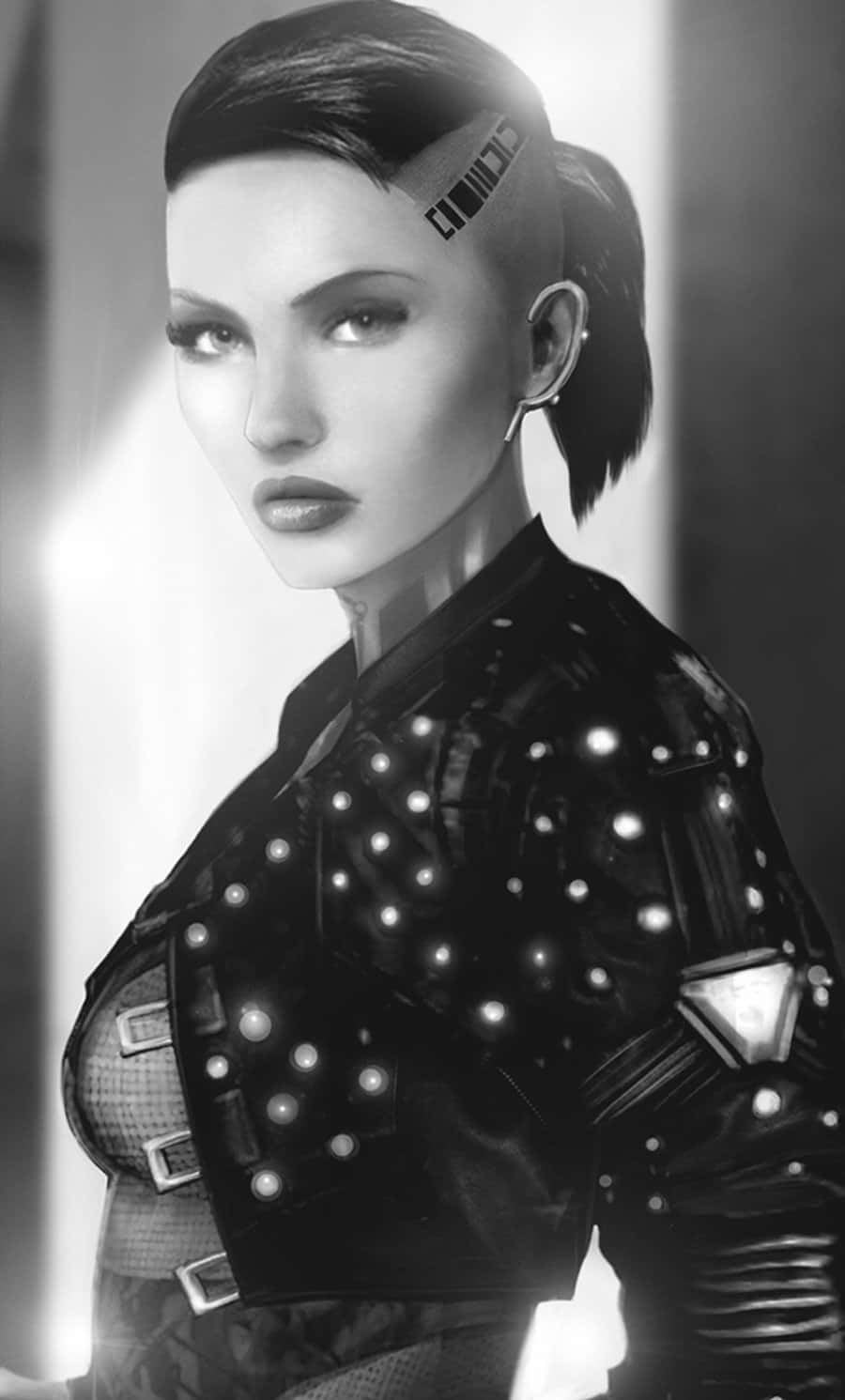 Mass Effect Jack 桌布 壁紙 — 一個引人注目的黑白肖像，描繪一位未來主義女性，身穿飾有鉚釘的皮革外套，帶有發光細節和條碼髮夾。