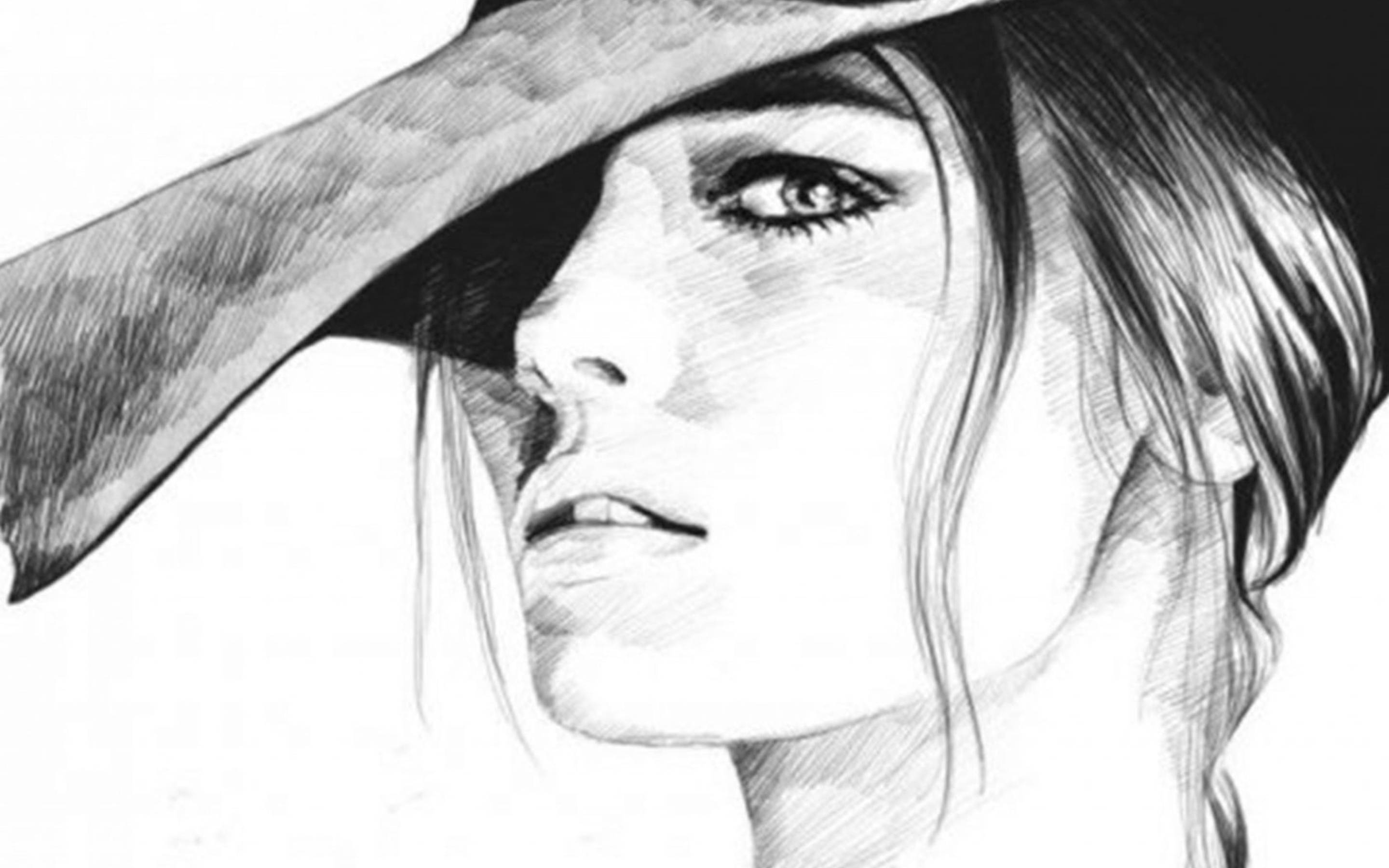 pencil 桌布 壁紙 — 一個引人注目的黑白鉛筆素描，描繪一位女性的側面，她的寬邊帽在其中一隻眼睛上投下戲劇性的陰影。