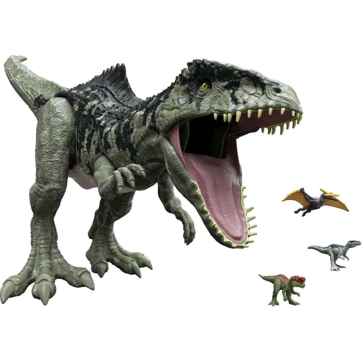 Jurassic World 桌布 壁紙 — 一個張開嘴巴的大型綠色和黑色恐龍玩具，旁邊有三個較小的恐龍玩具，背景為白色。