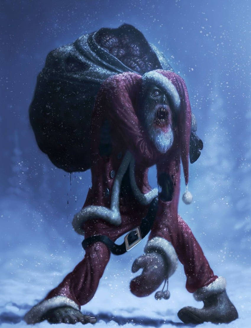 殭屍聖誕老人在暴風雪中拿著禮物袋行走。 — 恐怖動圖 壁紙