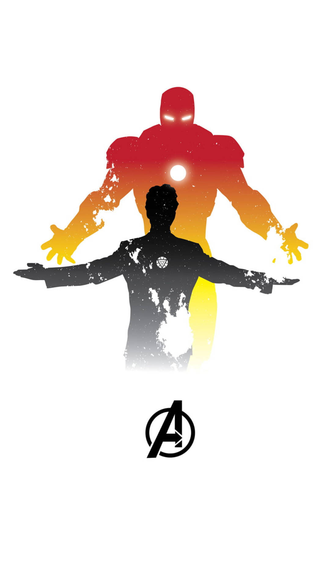 tony stark 桌布 壁紙 — 一個張開雙臂的男人剪影，疊加在發光的紅色和橙色鋼鐵人剪影上，背景為白色，帶有復仇者聯盟標誌。