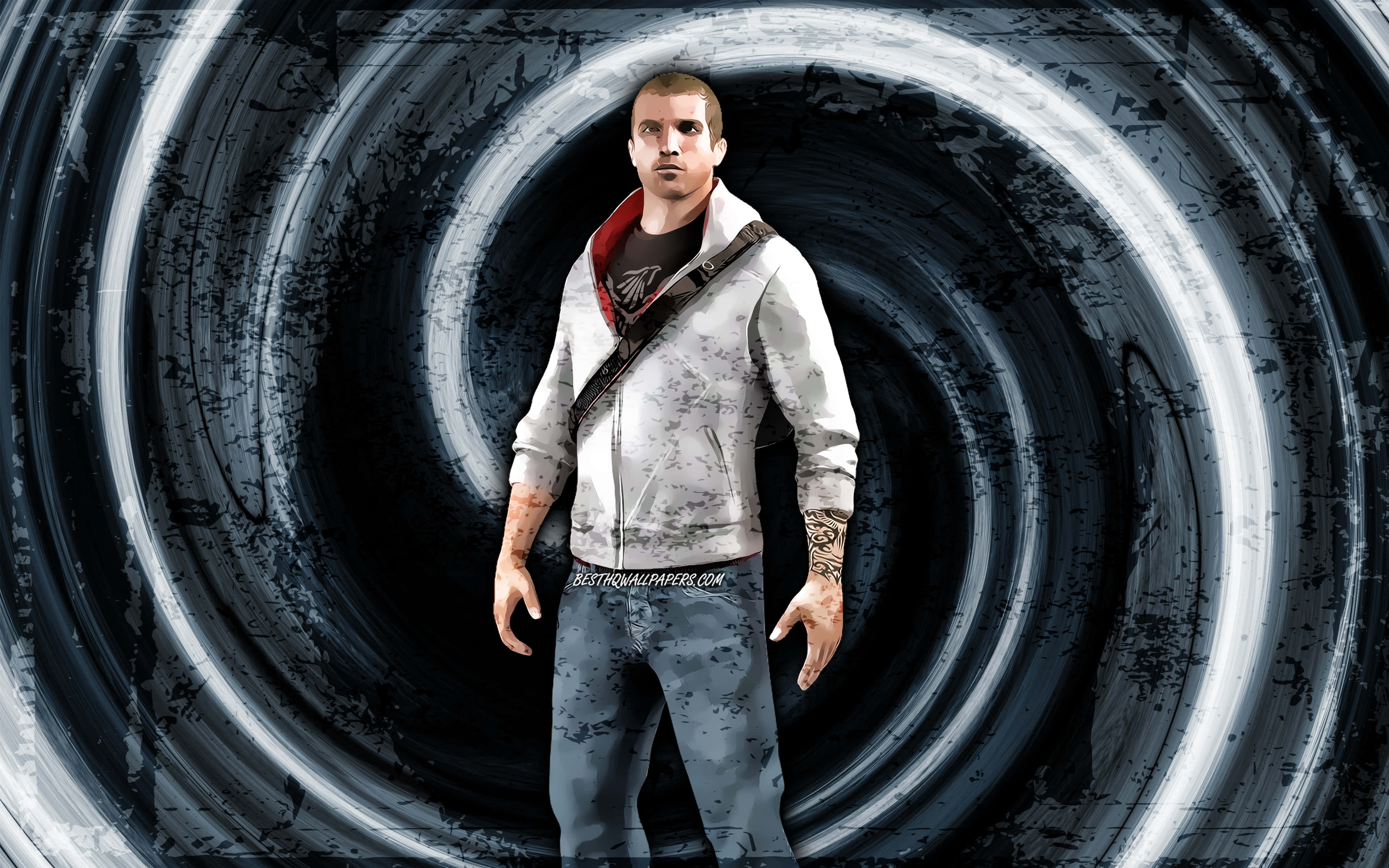 Desmond Miles 桌布 壁紙 — 一個強壯、有刺青的男人站在旋轉的黑白漩渦隧道中央。
