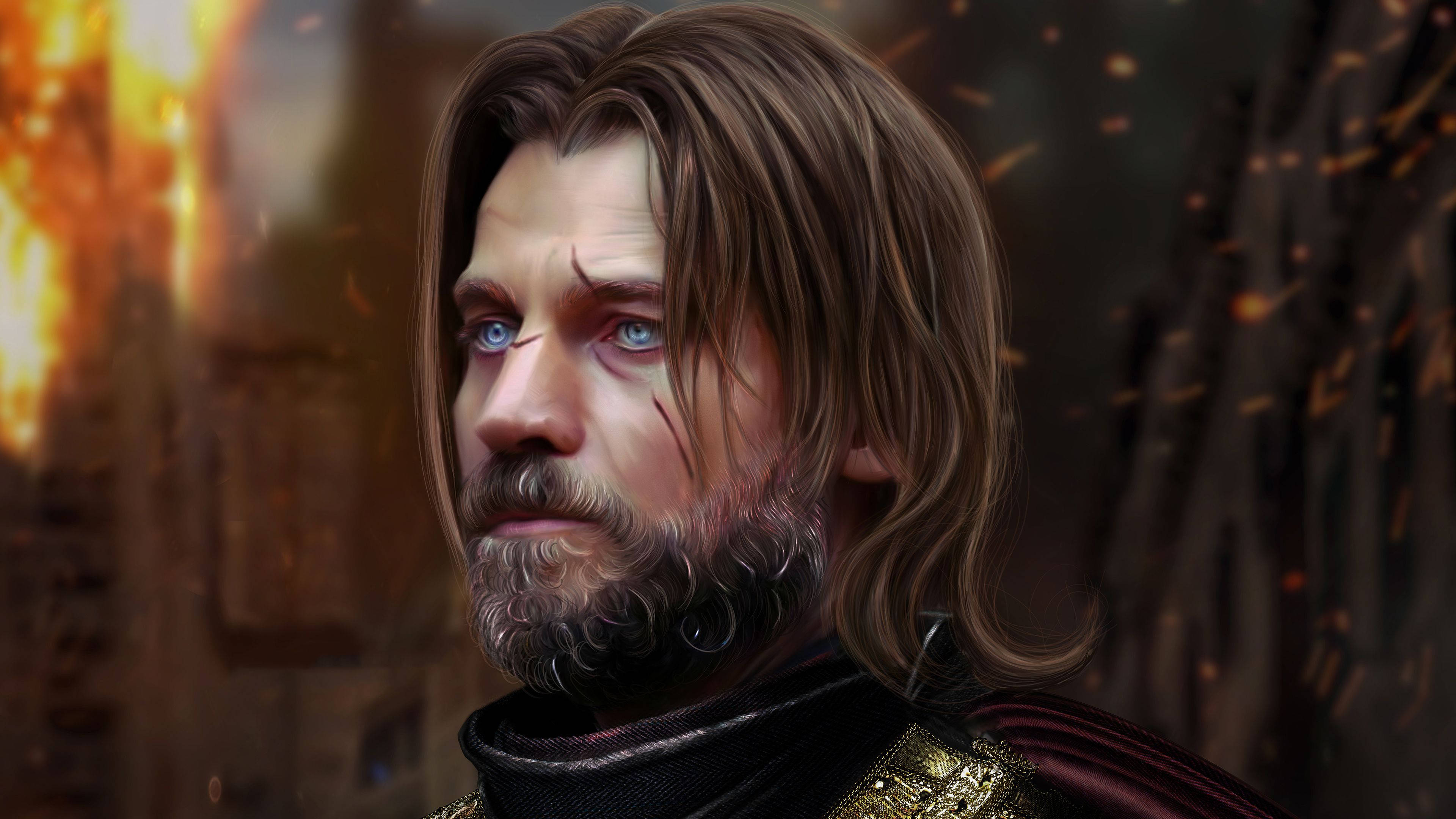 House Lannister 桌布 壁紙 — 一個強壯的戰士，藍眼睛，臉上帶有疤痕，站在熾熱的餘燼和 crumbling 的石頭中。