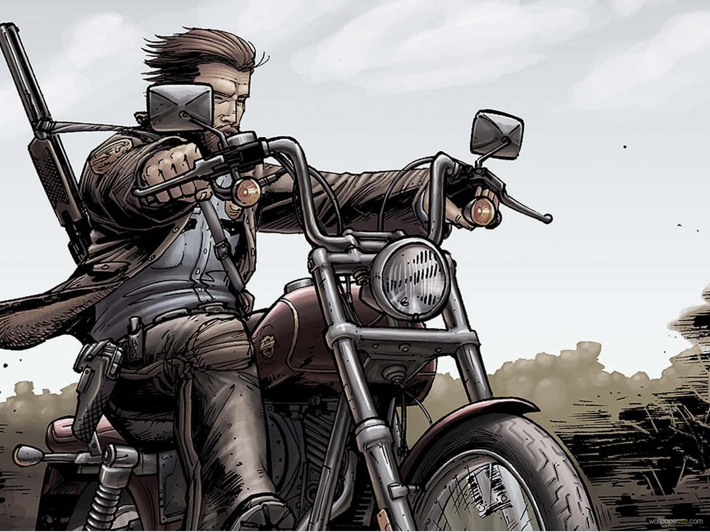 Comics 桌布 壁紙 — 一個強壯的機車騎士背著步槍，在陰天之下騎著復古機車穿過荒涼、塵土飛揚的廢土。
