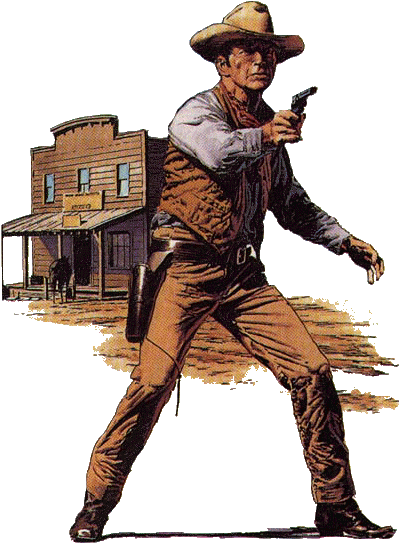 Wild West 桌布 壁紙 — 一個強壯的牛仔，身穿棕色背心和帽子，在塵土飛揚的西部沙龍背景下，專注地瞄準一把手槍。