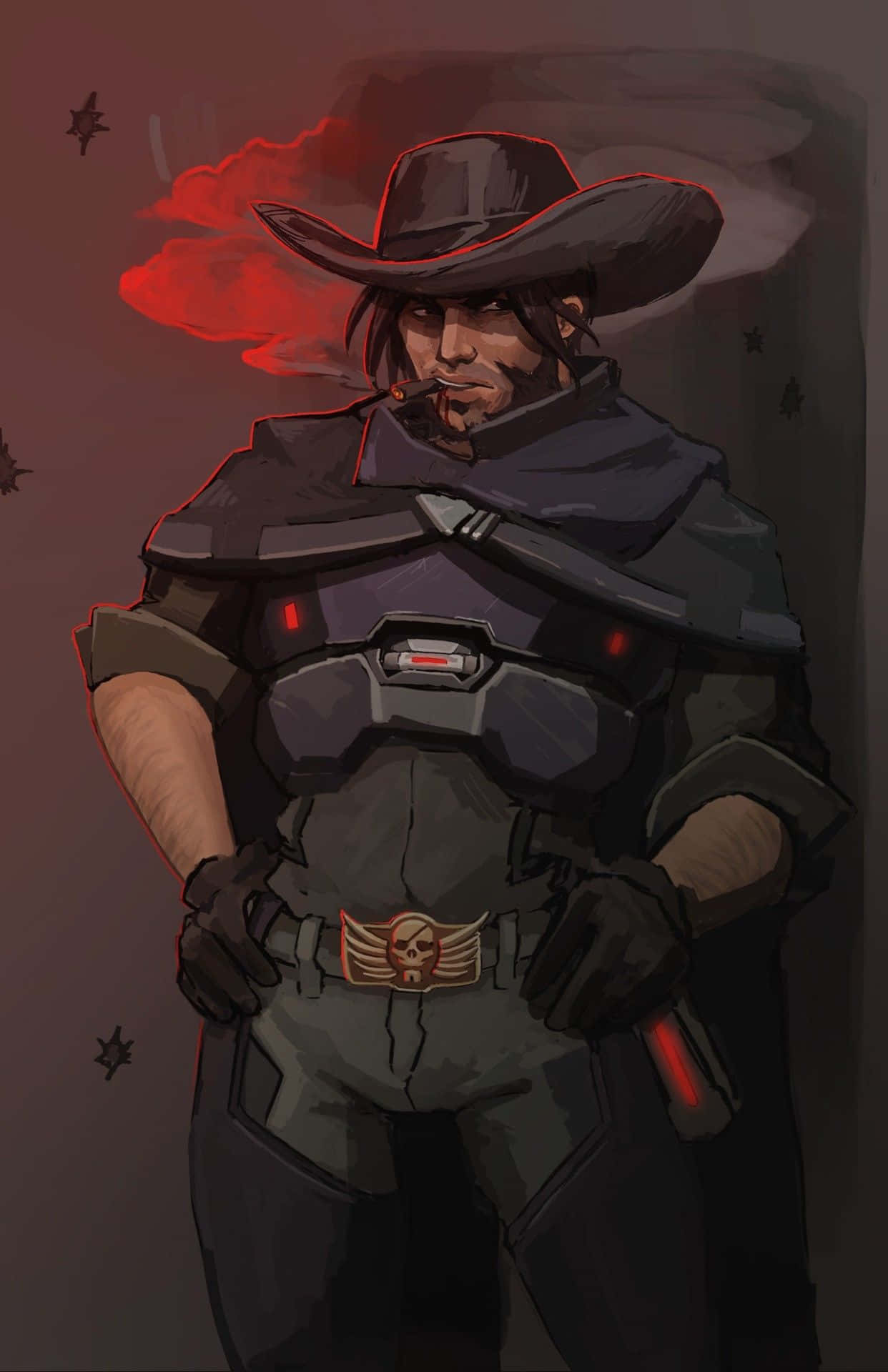 Overwatch Mccree 桌布 壁紙 — 一個強壯的牛仔穿著未來風格的盔甲，在充滿暗紅色煙霧和漂浮星星的背景中抽煙。