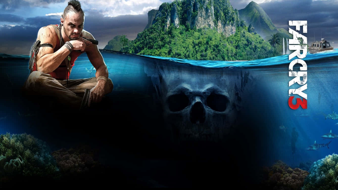 1366x768 Far Cry 3 桌布 壁紙 — 一個強壯的男人坐在熱帶天堂的水邊，而一個巨大的頭骨潛伏在水面下。