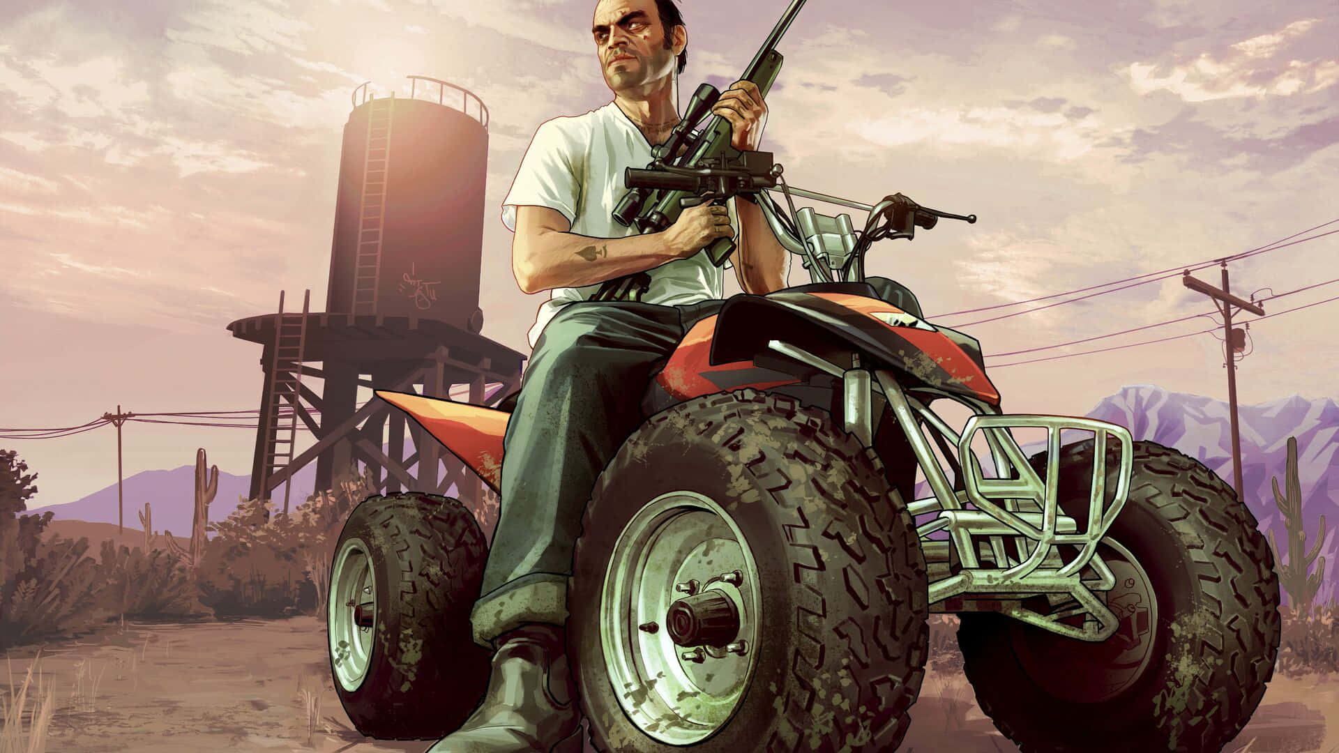gta v 桌布 壁紙 — 一個強壯的男人拿著步槍，坐在一輛紅黑相間的ATV上，身處塵土飛揚的沙漠景觀中，背景有儲水塔和山脈。