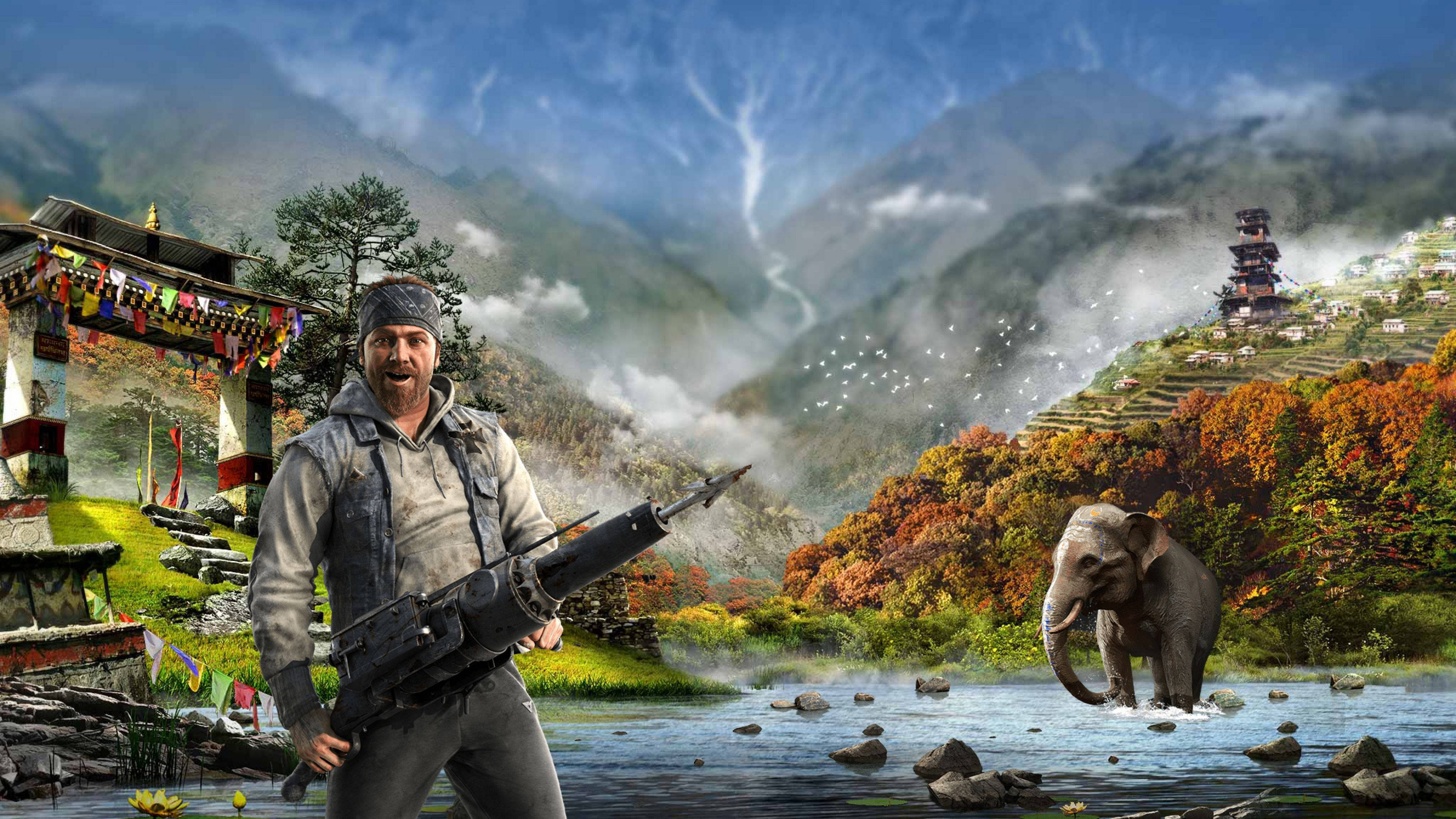 Far Cry 4 桌布 壁紙 — 一個強壯的男人拿著步槍站在河裡，一頭大象在附近涉水，周圍是霧氣繚繞的山脈和色彩繽紛的經幡。