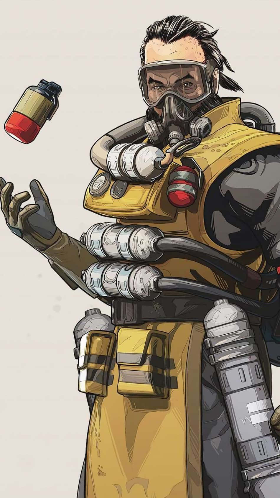 Apex 英雄 桌布 壁紙 — 一個強壯的科幻士兵穿著黃色裝甲服，戴著防毒面具和管子，在簡單背景下投擲一個紅色和米色的罐子。