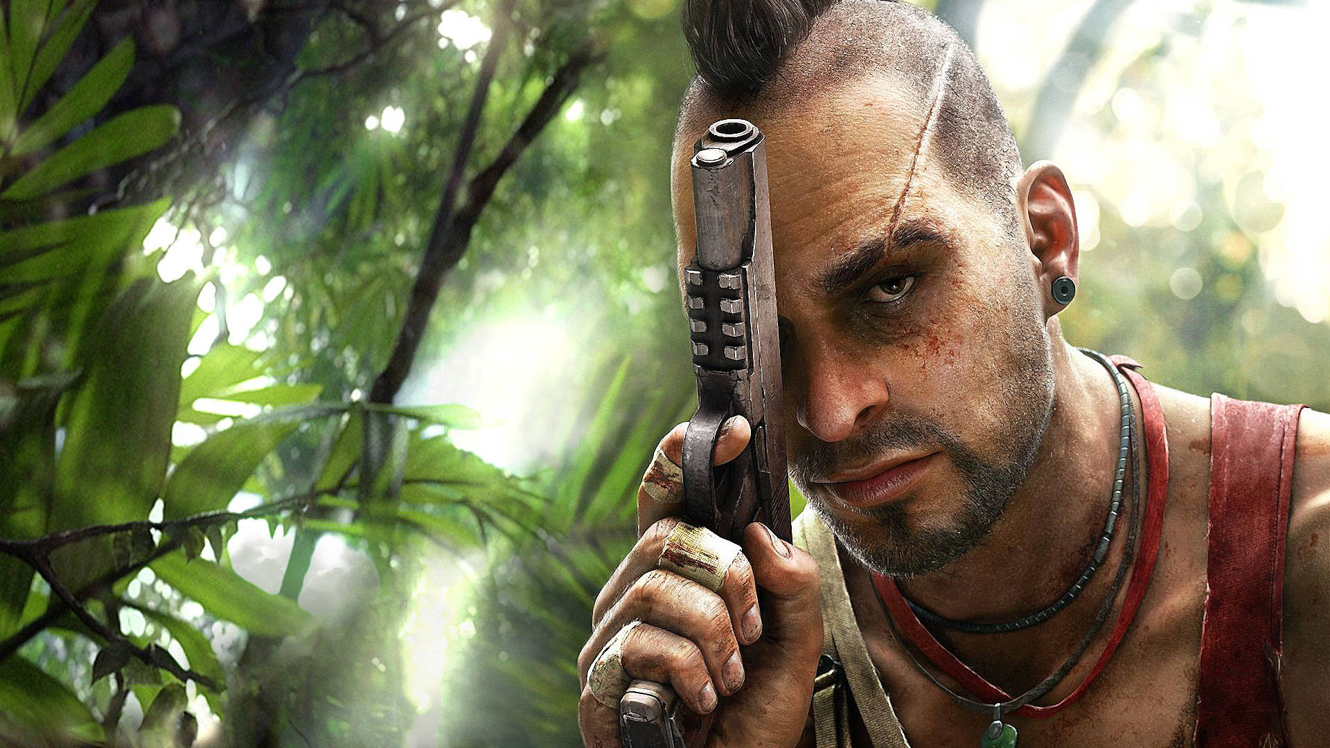 Far Cry 3 桌布 壁紙 — 一個強壯的莫霍克頭男子在陽光明媚的叢林中手持手槍，臉上滿是汗水和血跡。