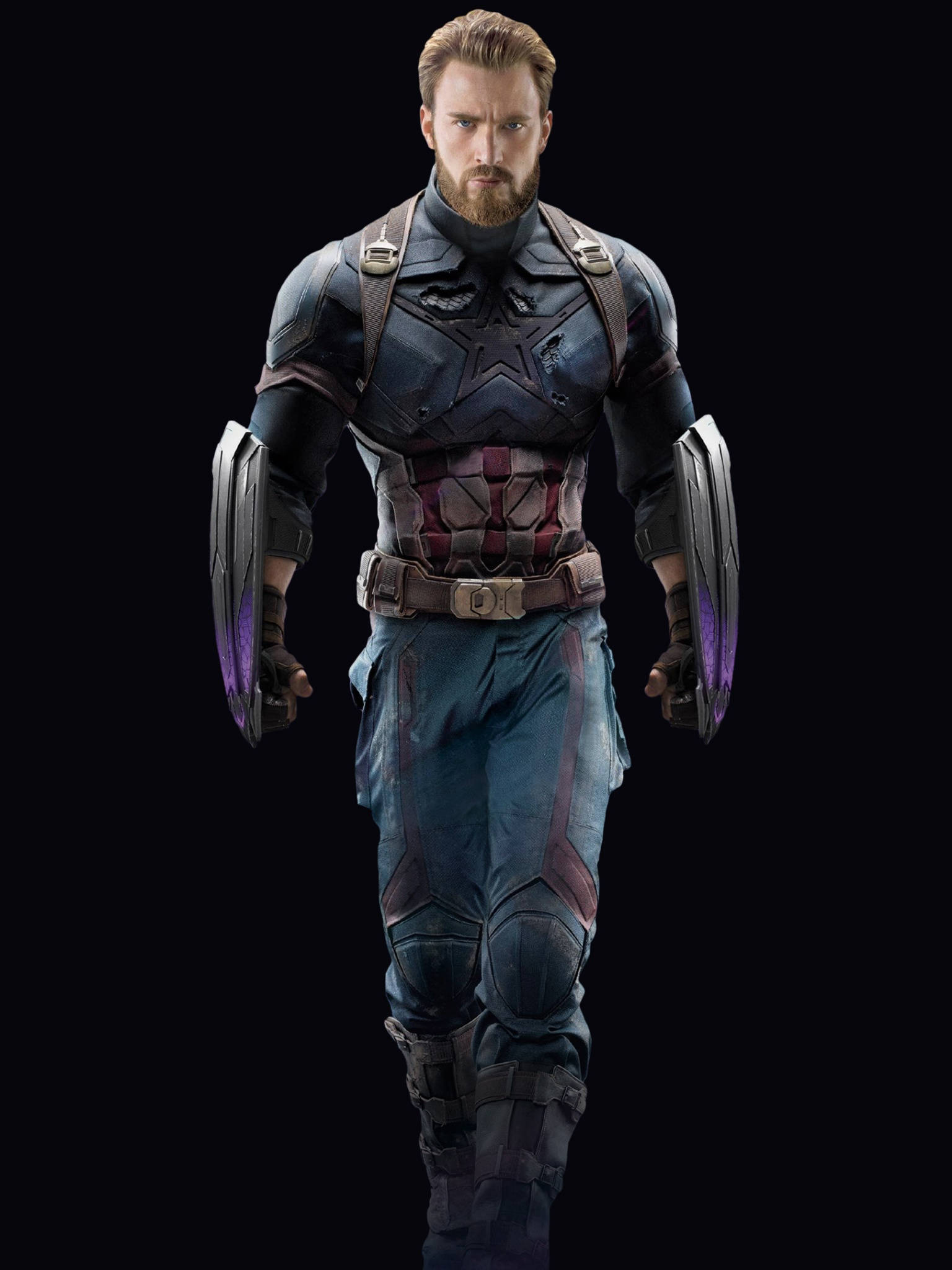 Marvel Captain America 桌布 壁紙 — 一個強壯的超級英雄身穿戰鬥磨損的藍色和紫色盔甲，自信地站在黑色背景前，手持兩個汎金屬盾牌。