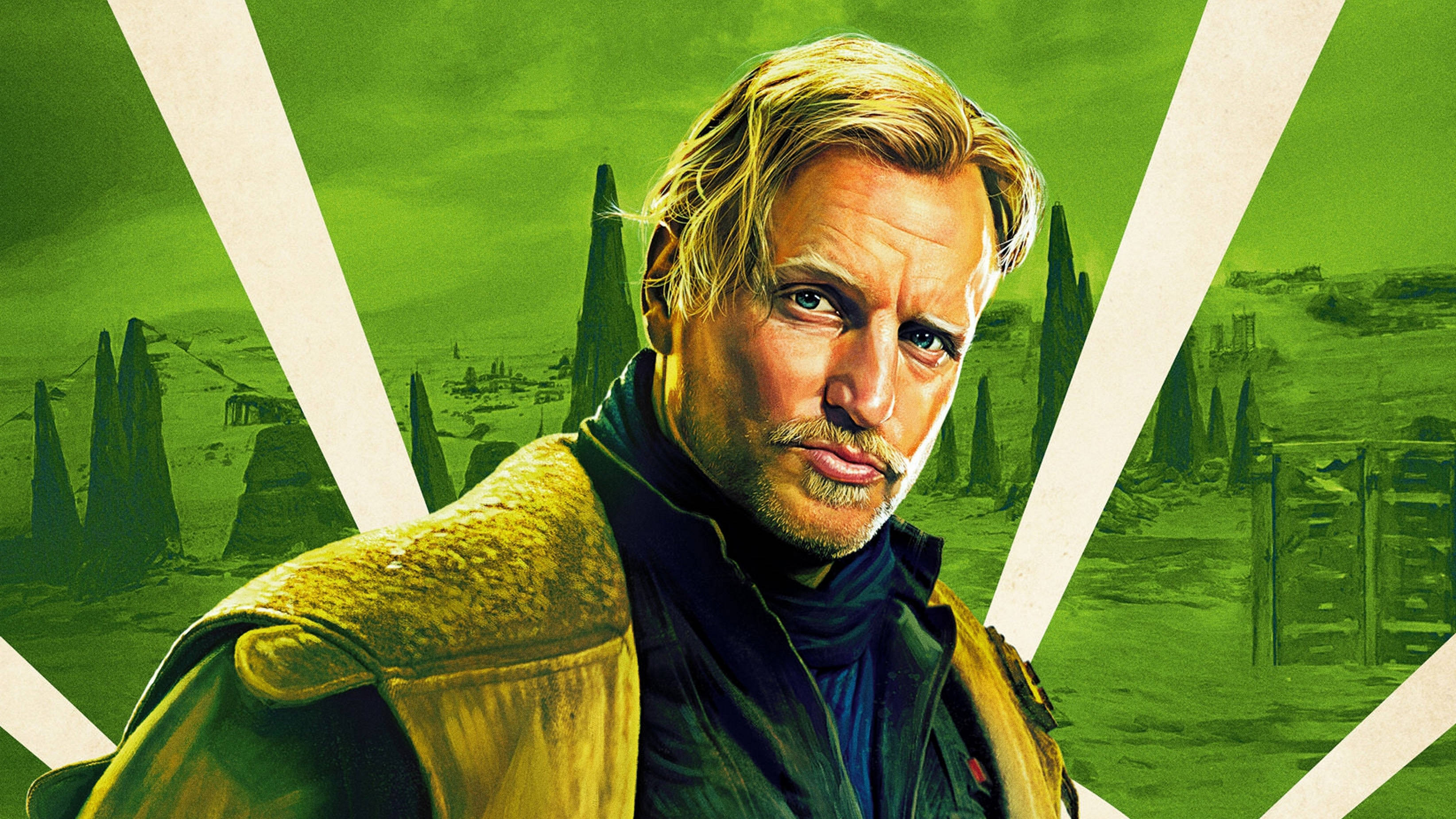 Woody Harrelson 桌布 壁紙 — 一個強壯的金髮鬍鬚男人，在帶有白色幾何橫樑的超現實綠色沙漠背景下，凝視著。