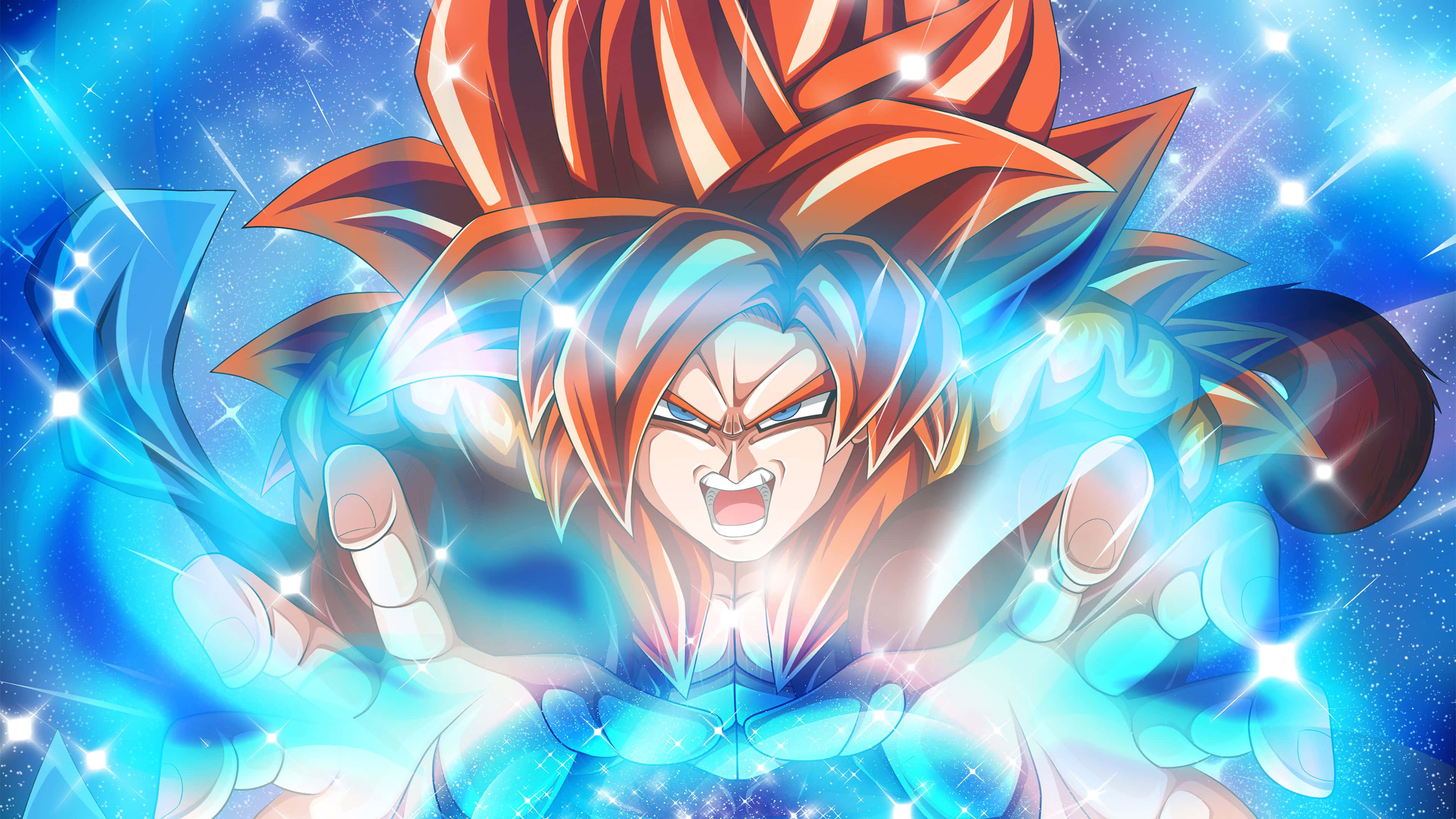 Cool Dragon Ball 桌布 壁紙 — 一個強大的動漫戰士，擁有尖刺的橙色頭髮和發光的藍色光環，在星空宇宙背景下咆哮。
