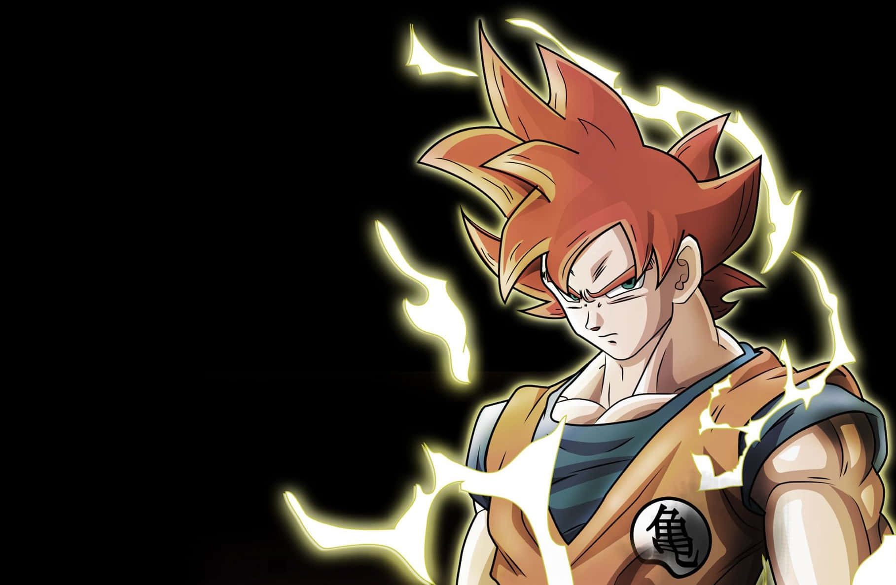 Goku Aesthetic 桌布 壁紙 — 一個強大的動漫戰士，擁有尖刺的紅髮和在他周圍劈啪作響的發光黃色能量，背景為黑色。