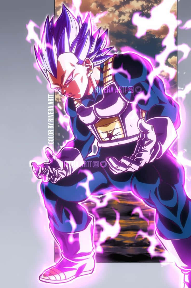 thunder 桌布 壁紙 — 一個強大的動漫戰士，擁有尖刺的紫色頭髮和發光的氣場，在暴風雨的天空下以戰鬥姿勢蹲伏。