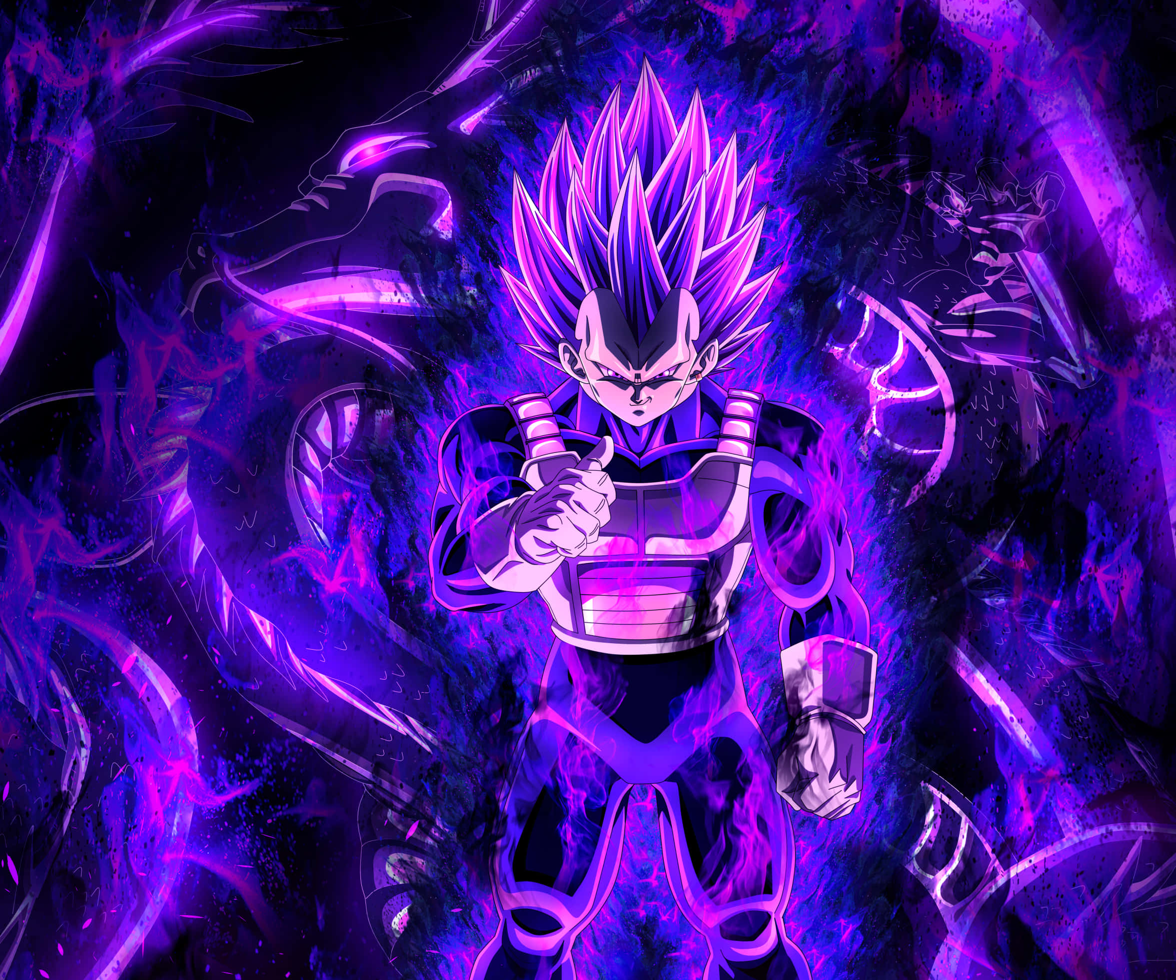 Cool Vegeta 桌布 壁紙 — 一個強大的動漫戰士，擁有尖刺的紫色頭髮和發光的光環，挑釁地站在旋轉的深紫色能量背景前。