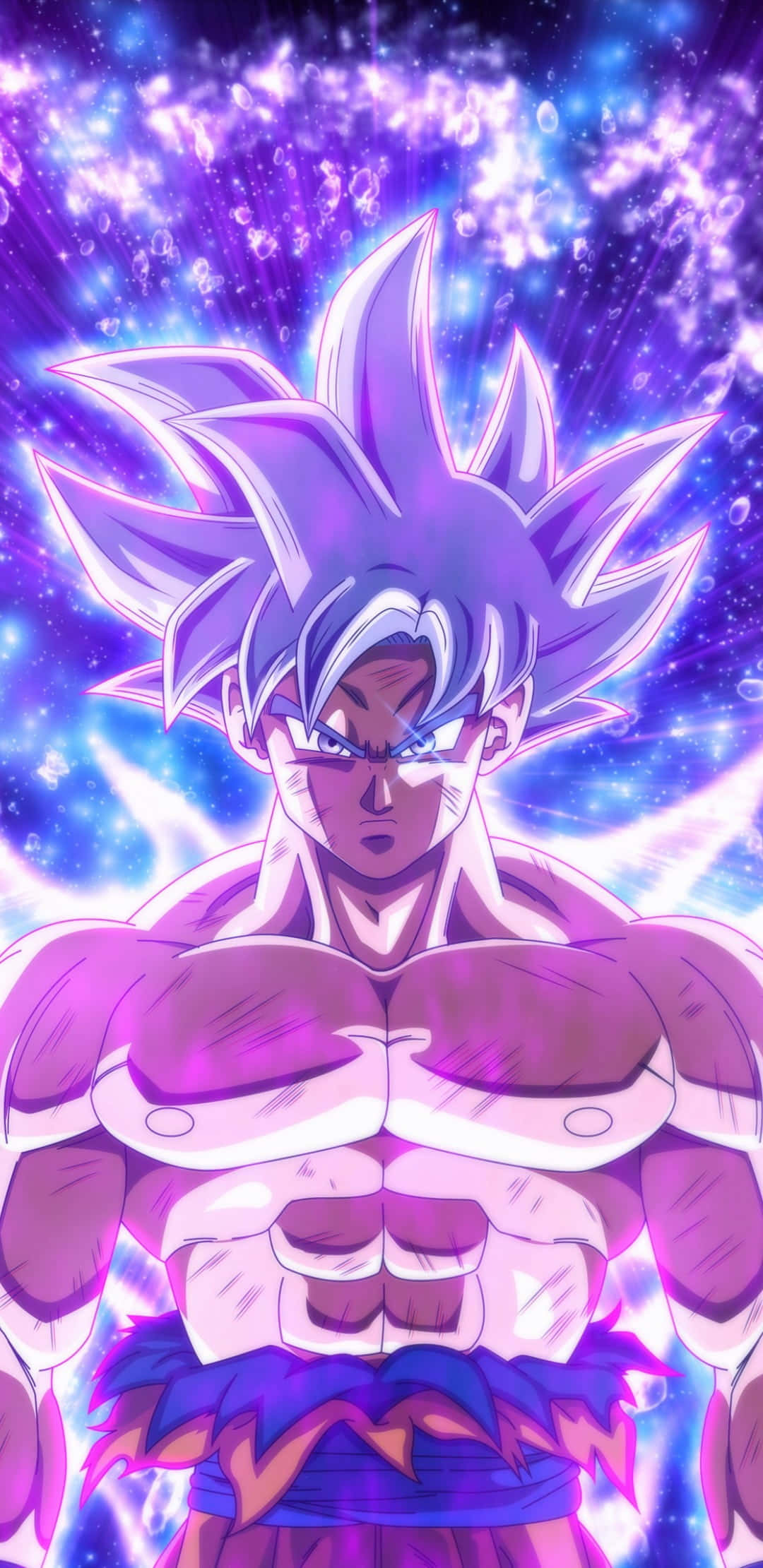 ultra instinct 桌布 壁紙 — 一個強大的動漫戰士，擁有尖刺的紫色頭髮和發光的光環，站在宇宙星空的背景下。
