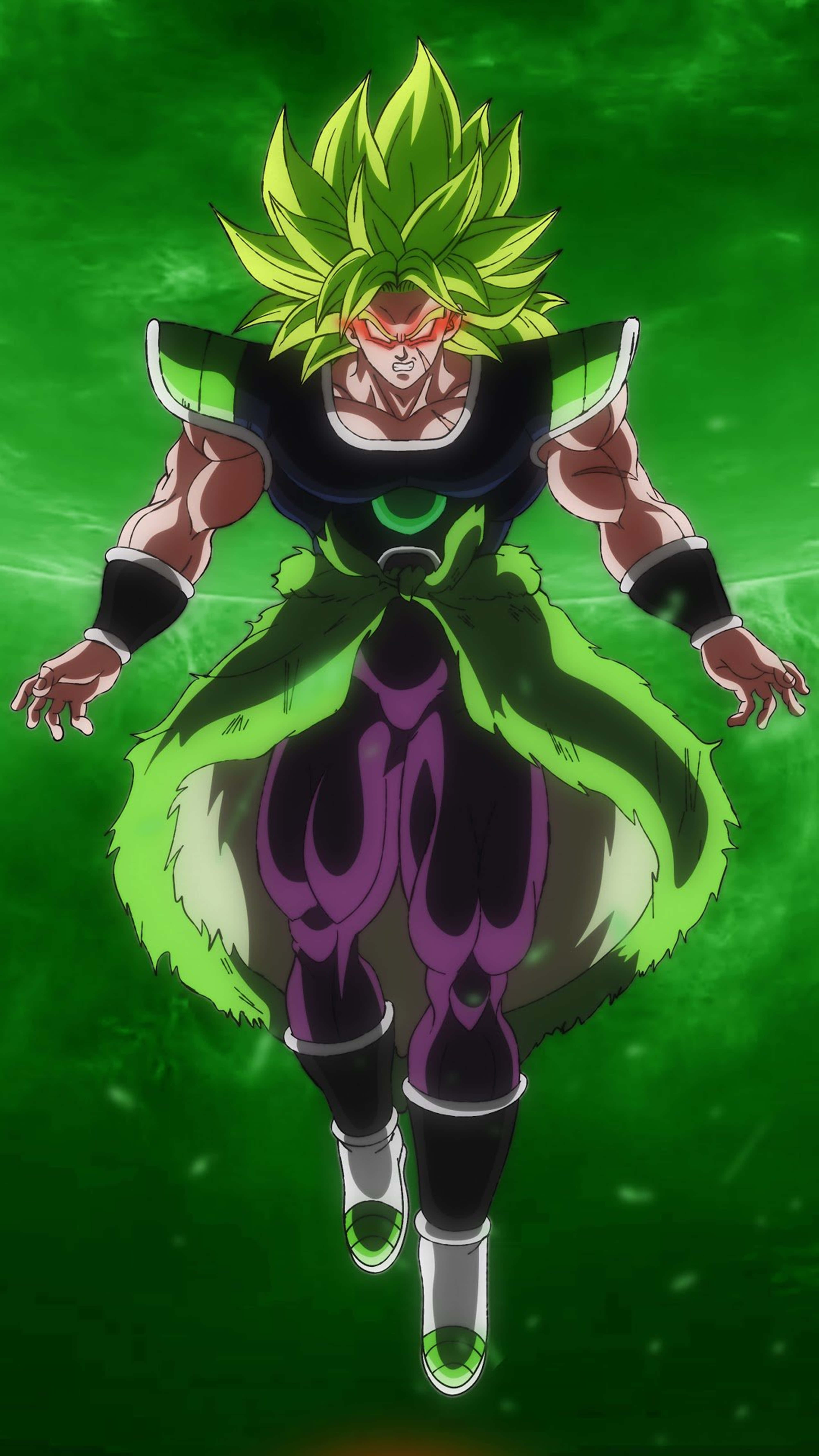 Broly 4K 桌布 壁紙 — 一個強大的動漫戰士，擁有尖刺的綠色頭髮和紫色盔甲，漂浮在發光的綠色背景上。