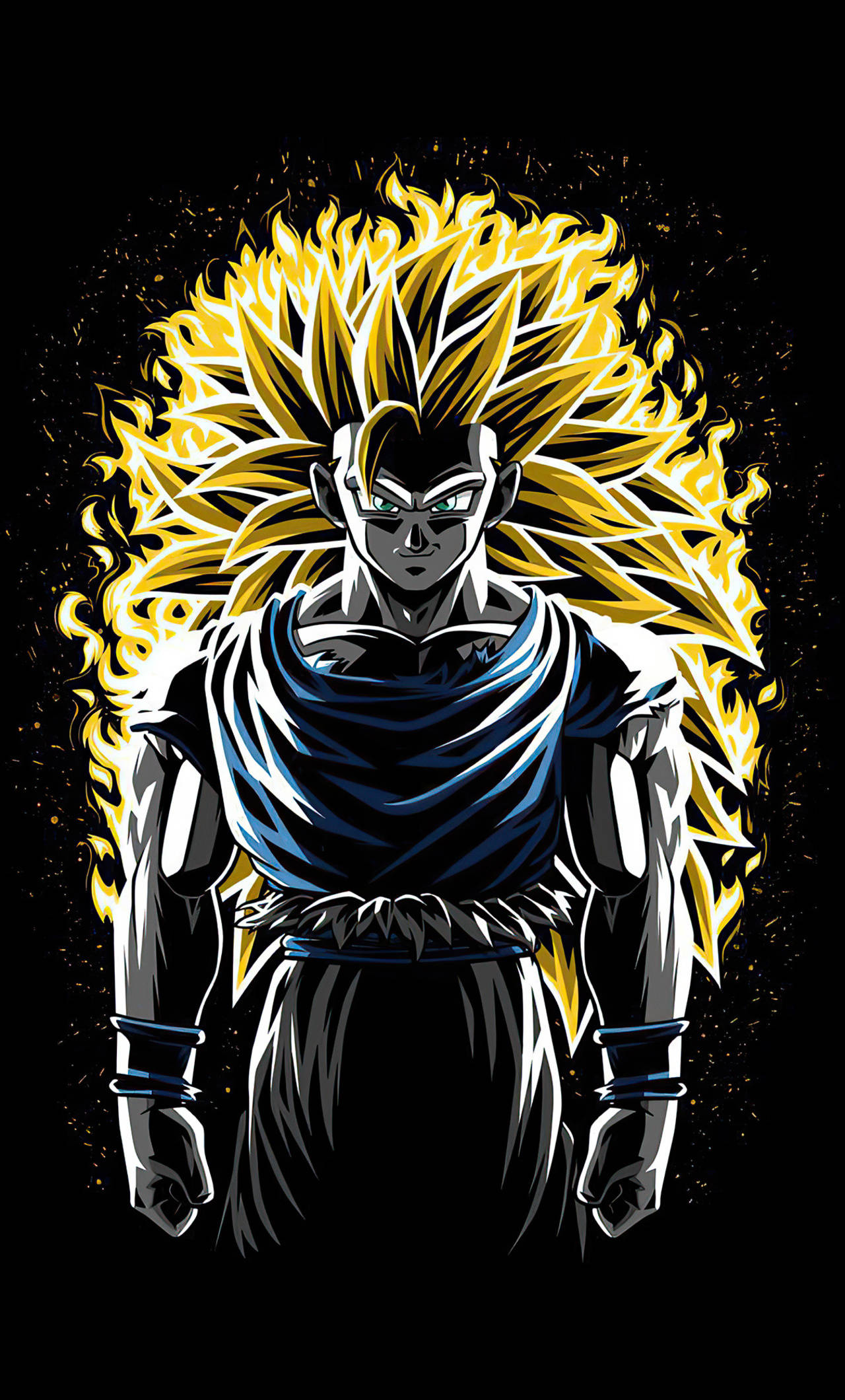 Goku Ssj3 桌布 壁紙 — 一個強大的動漫戰士，擁有尖刺的金色頭髮和發光的眼睛，站在黑色背景前，帶有火焰般的光環。