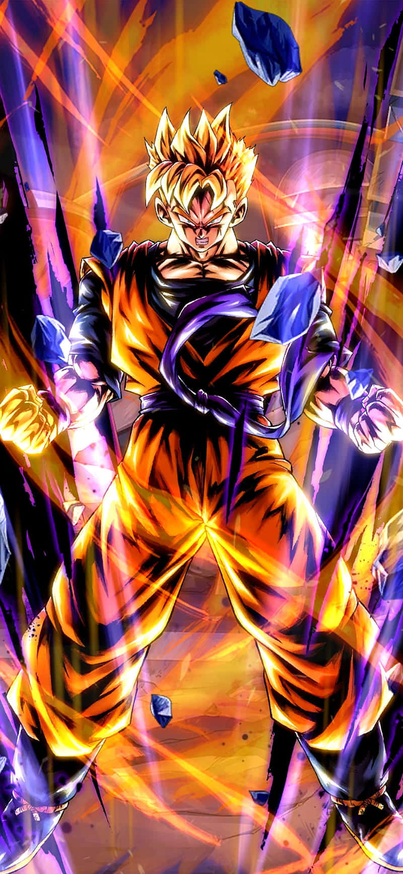 Gohan 桌布 壁紙 — 一個強大的動漫戰士，擁有尖刺的金色頭髮和橙色道服，在充滿活力的紫色和橙色背景下散發能量。