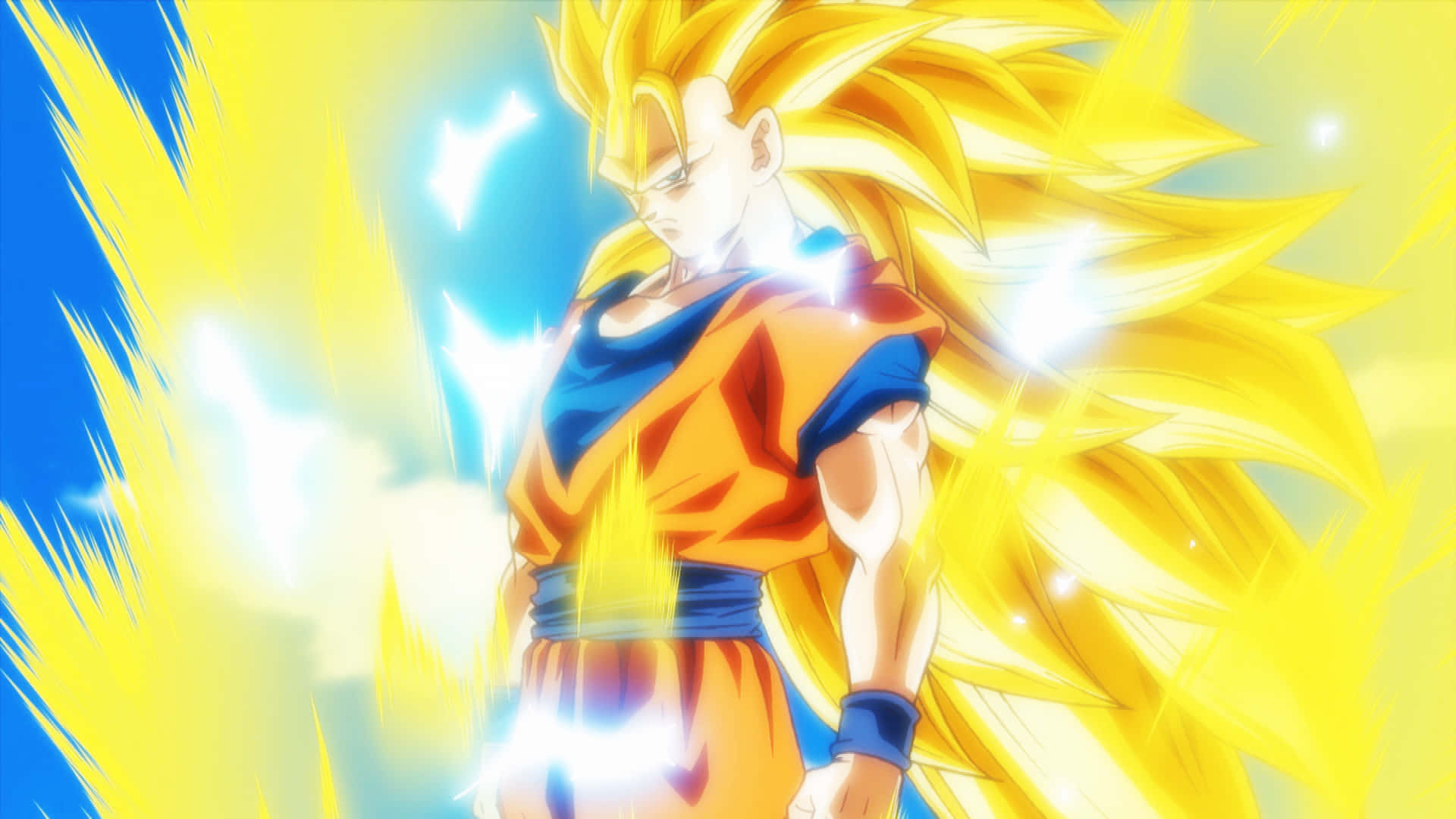Dragon Ball Z Trunks 桌布 壁紙 — 一個強大的動漫戰士，擁有尖刺的金色頭髮和發光的氣場，在明亮的藍色和黃色背景前擺出動態姿勢。