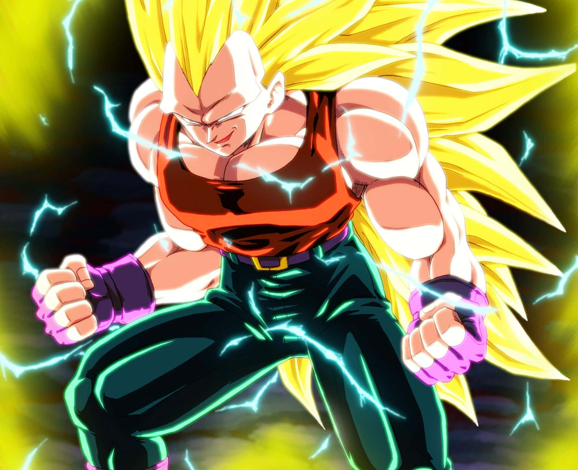 Vegeta Super Saiyan 3 桌布 壁紙 — 一個強大的動漫戰士，擁有尖刺的金色頭髮，發光的閃電在他緊握的拳頭周圍劈啪作響，擺出動態的戰鬥姿勢。