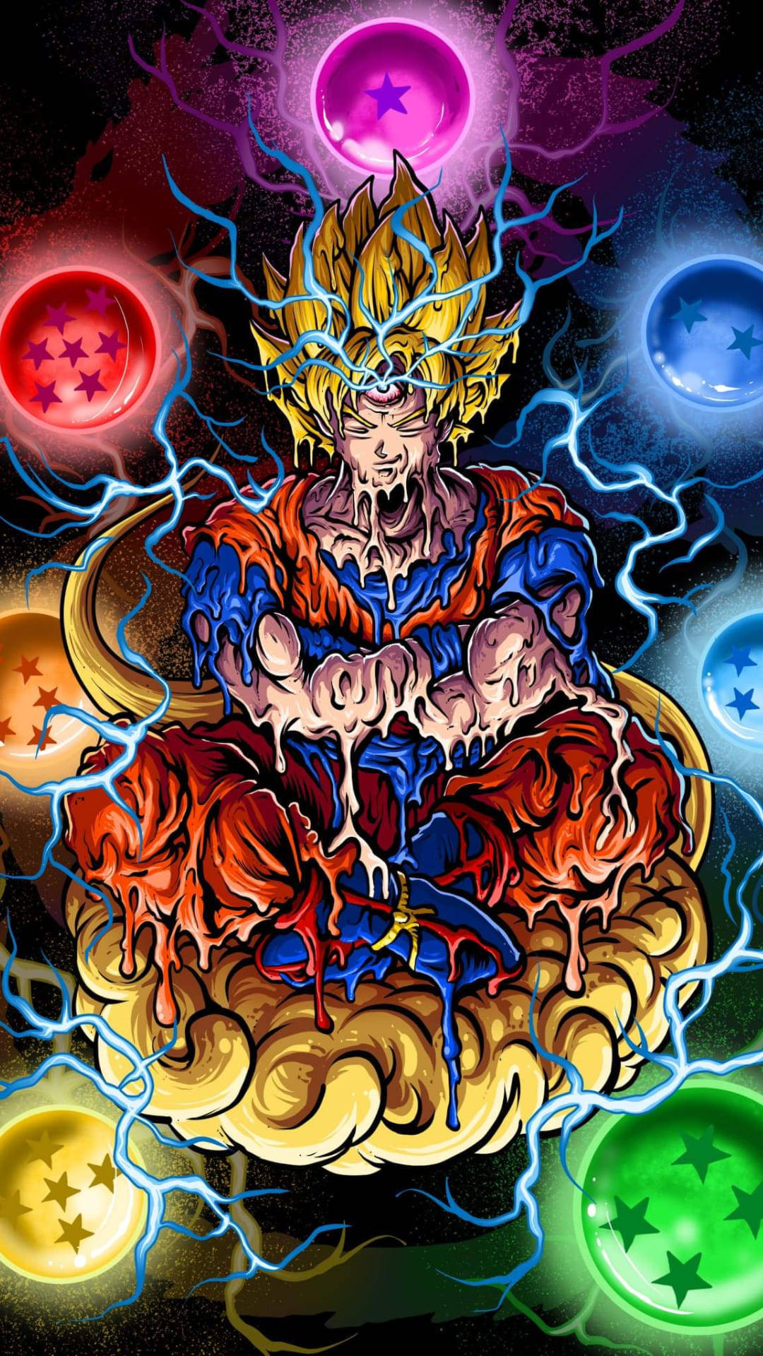 悟空 桌布 壁紙 — 一個強大的動漫戰士，擁有尖刺的金色頭髮，坐在雲端上，周圍環繞著發光的龍珠和劈啪作響的藍色閃電。
