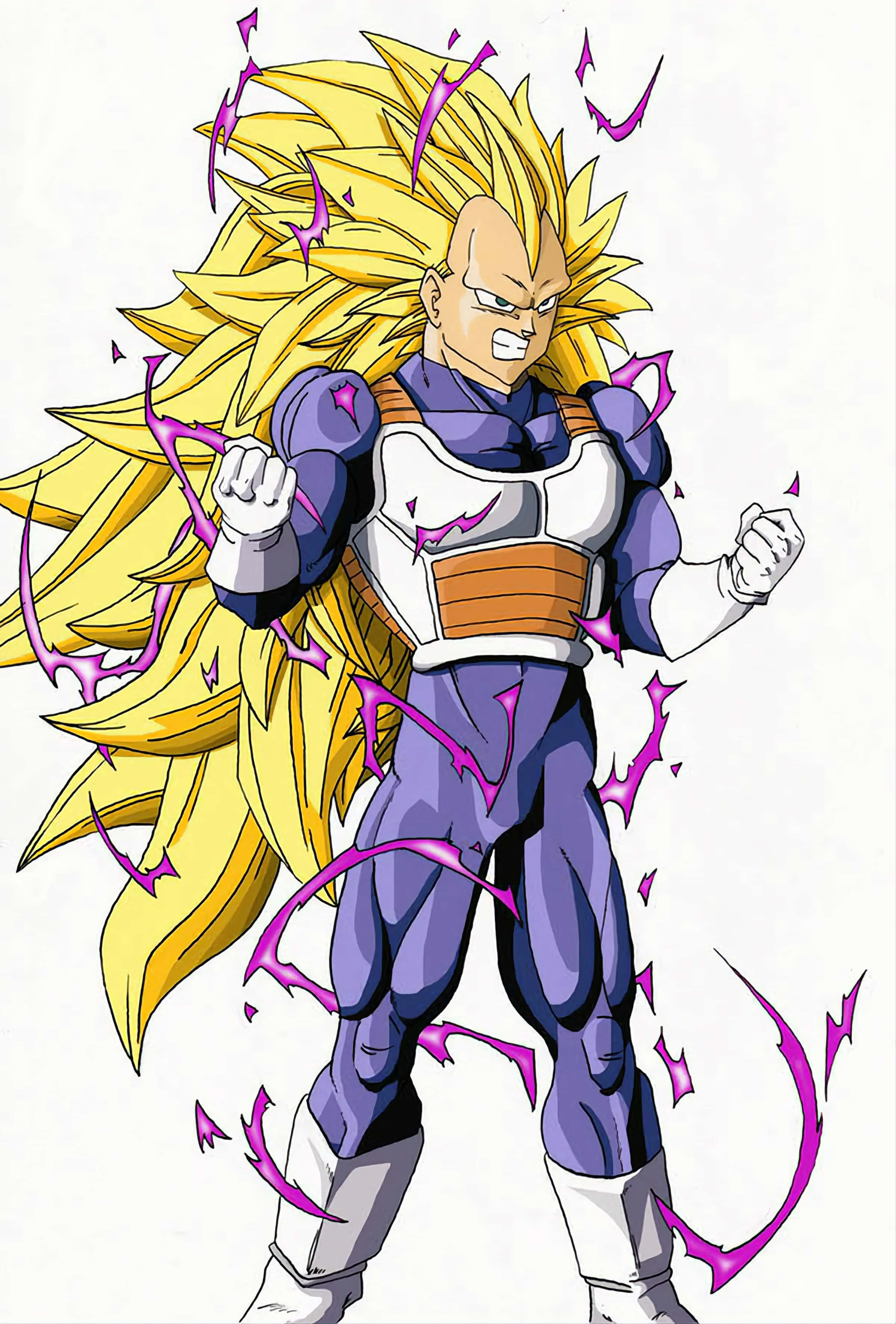 Vegeta Super Saiyan 3 桌布 壁紙 — 一個強大的動漫戰士，擁有尖刺的金色頭髮和紫色能量爆發，以動態的戰鬥姿勢站立。