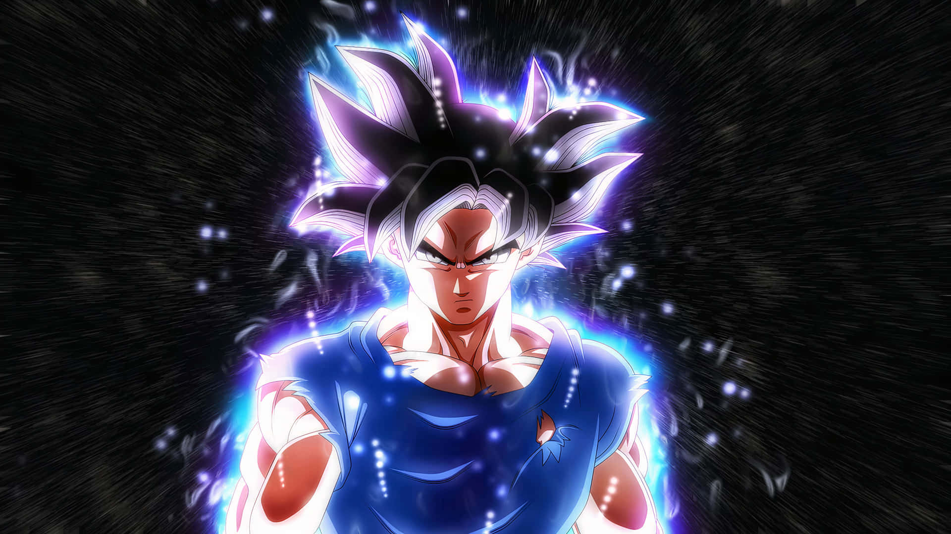 goku ultra insticnt 壁紙 — 一個強大的動漫戰士，擁有尖刺的黑白頭髮，在黑暗的星空背景下散發出藍色能量。