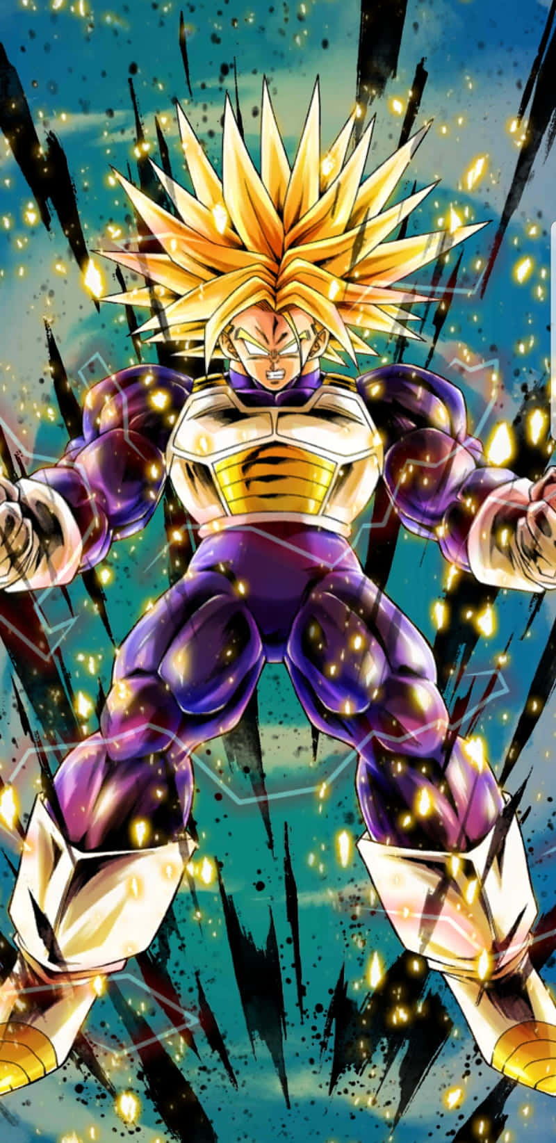 Dragon Ball Z Trunks 桌布 壁紙 — 一個強大的動漫戰士，擁有尖刺金色頭髮和紫色盔甲，在充滿條紋和發光粒子的宇宙背景下動態站立。