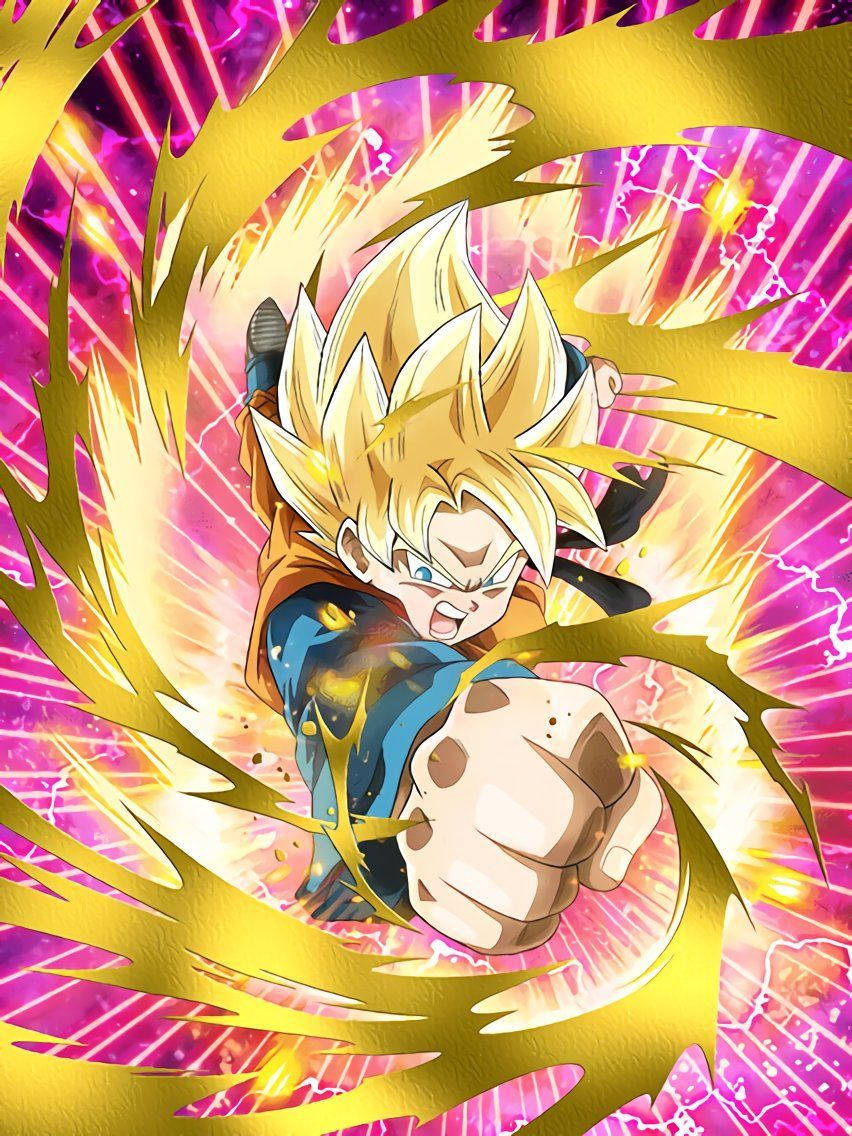 Goten 桌布 壁紙 — 一個強大的動漫戰士，擁有尖刺金髮，在金色能量和充滿活力的粉紅色閃電環繞下向前出拳。