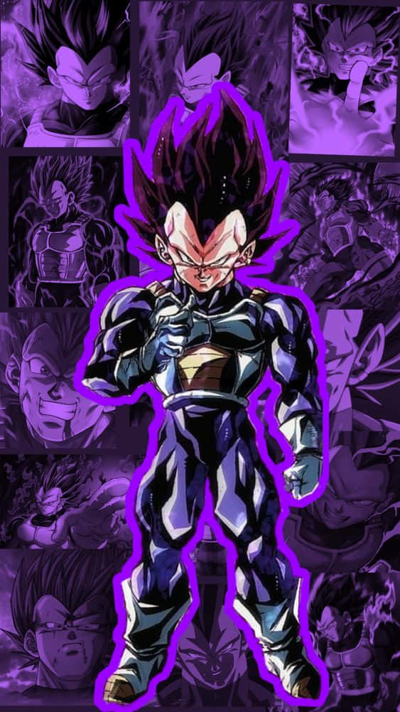 Vegeta Ultra Ego 桌布 壁紙 — 一個強大的動漫戰士，擁有尖刺頭髮和發光的紫色光環，站在他強烈表情的拼貼畫中央。