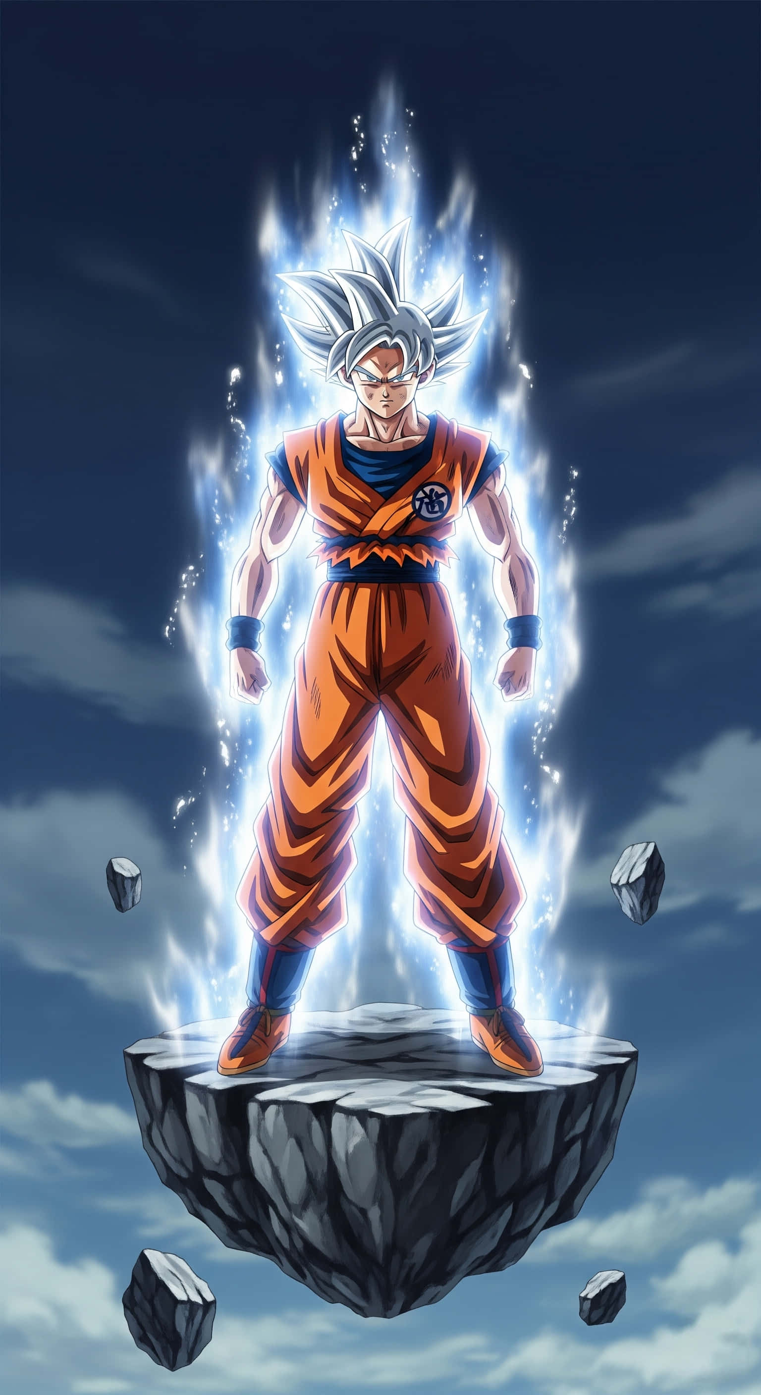 Dbz 桌布 壁紙 — 一個強大的動漫戰士，有著尖刺的銀色頭髮和橙色道服，站在一塊浮石上，周圍環繞著發光的藍色能量和浮石，背景是多雲的天空。