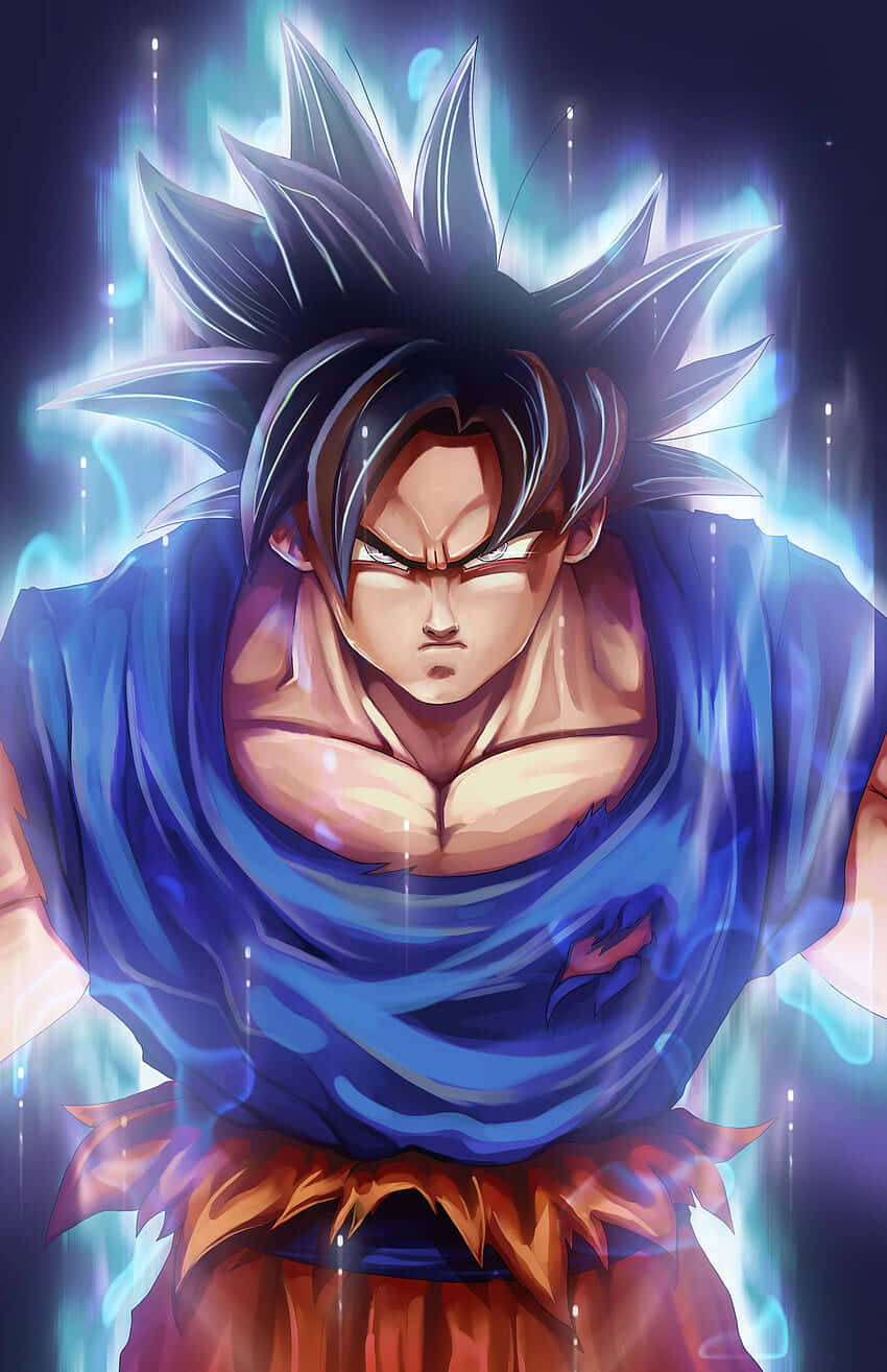 Mui Goku 桌布 壁紙 — 一個強大的動漫戰士，有著尖刺的黑髮和發光的藍色光環，在黑暗的宇宙背景下強烈地凝視著。