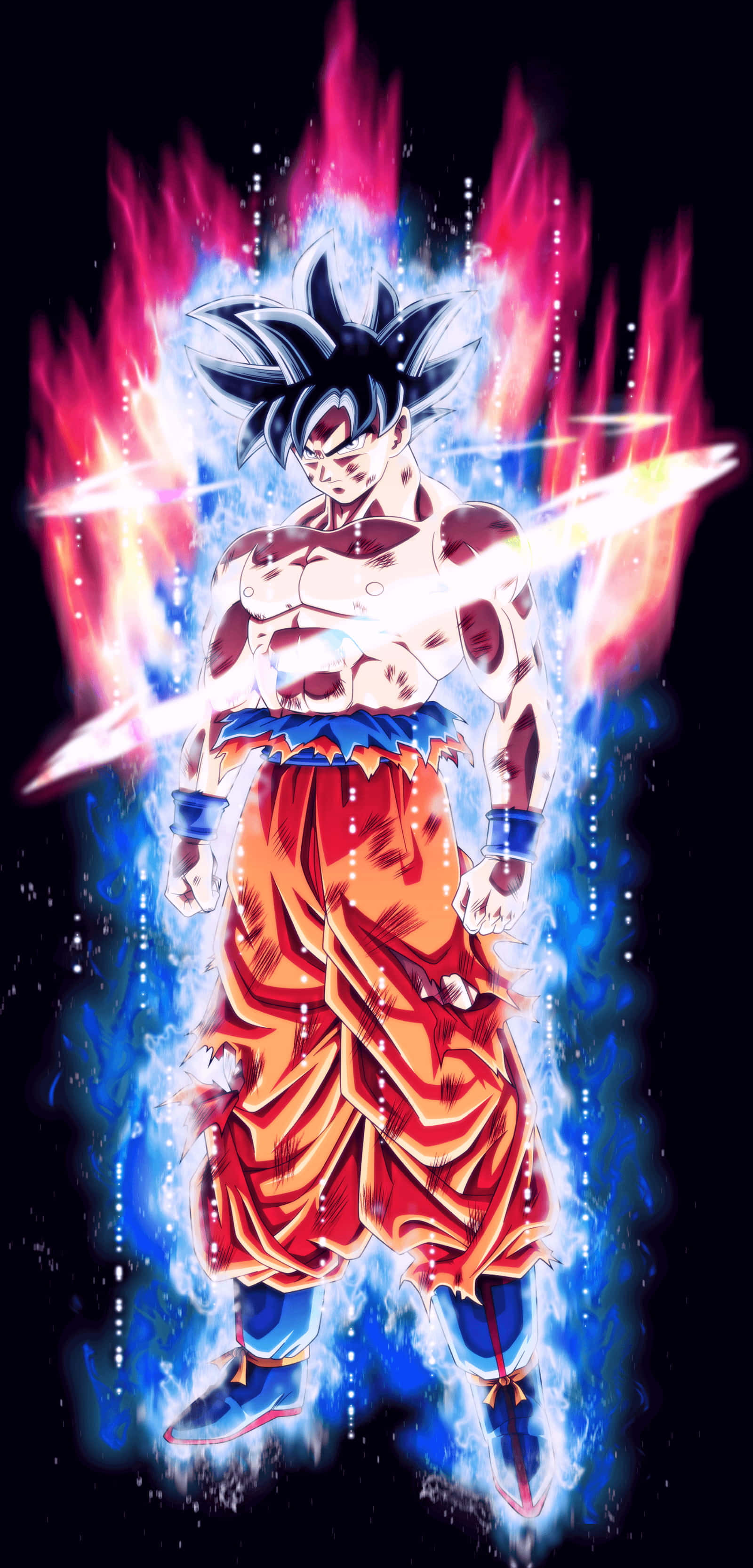 Dragon Ball Z Kai 桌布 壁紙 — 一個強大的動漫戰士，頭髮豎起，在黑暗背景下散發出藍色和紅色的能量。
