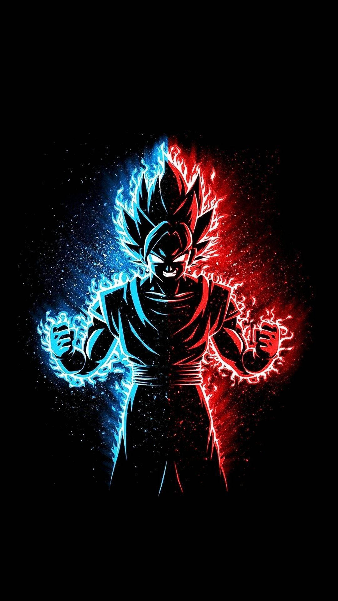 龍珠 桌布 壁紙 — 一個強大的動漫戰士在星空黑色背景上散發出藍色和紅色的能量。