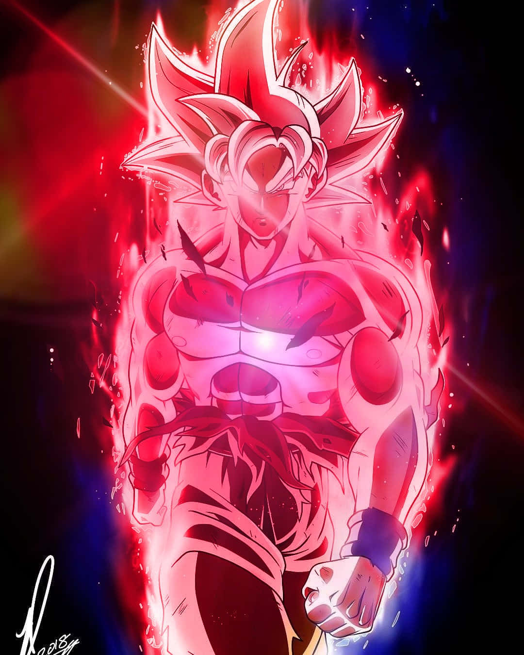 Goku Kaioken 桌布 壁紙 — 一個強大的動漫戰士在黑暗的宇宙背景下散發出強烈的紅色能量，眼睛發光，頭髮尖刺。