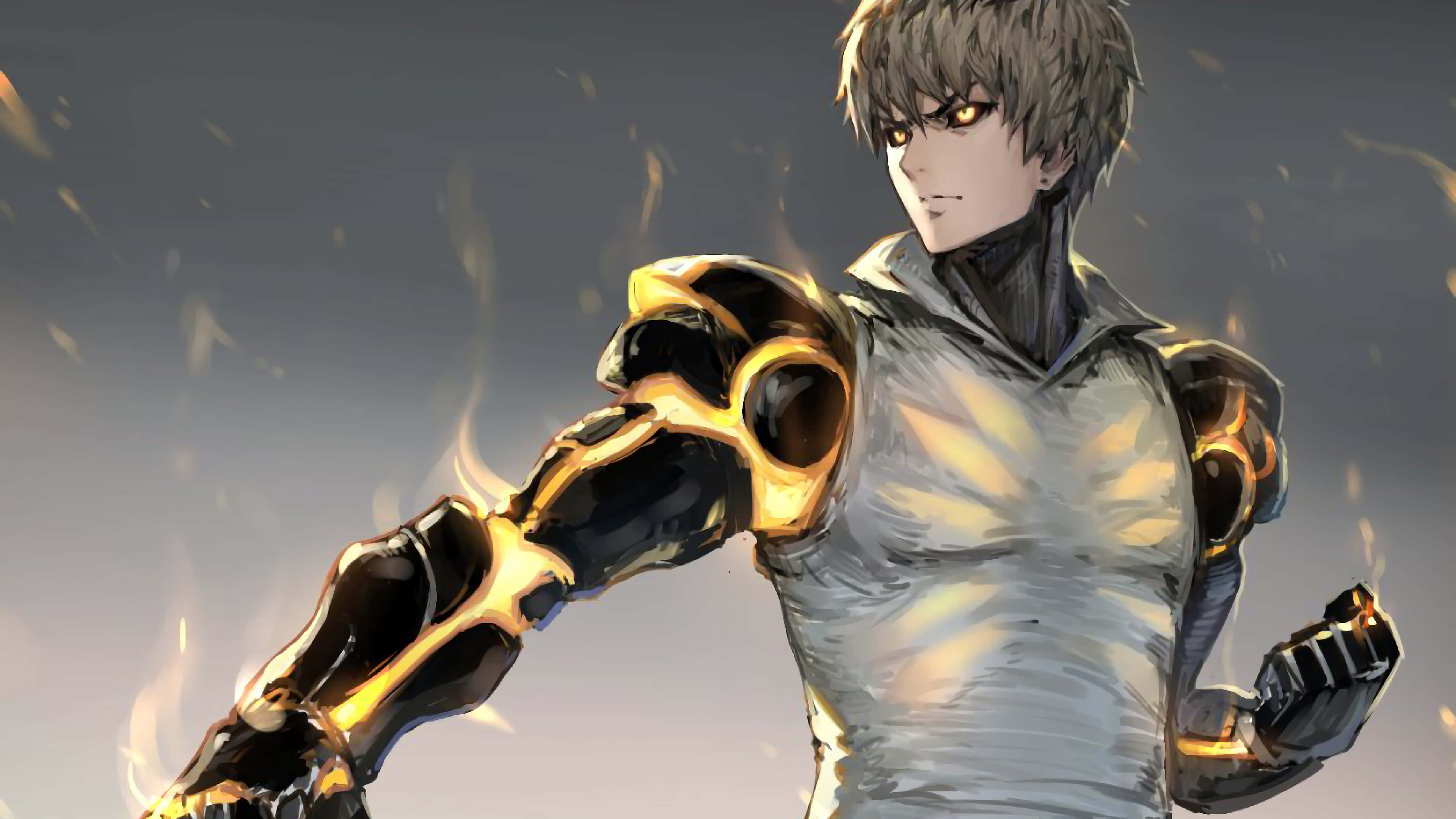 Genos 桌布 壁紙 — 一個強大的動漫角色，在煙霧灰色背景前，雙拳閃耀金色光芒，手臂散發出熾熱能量。