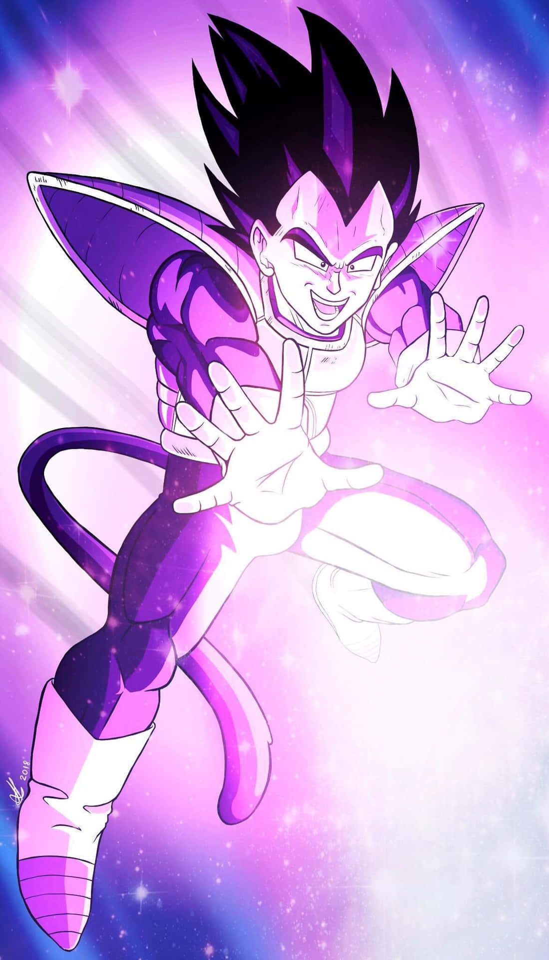Vegeta's Galick Gun 桌布 壁紙 — 一個強大的動漫角色，帶有紫色光環和尖刺頭髮，在宇宙星空背景下動態漂浮。