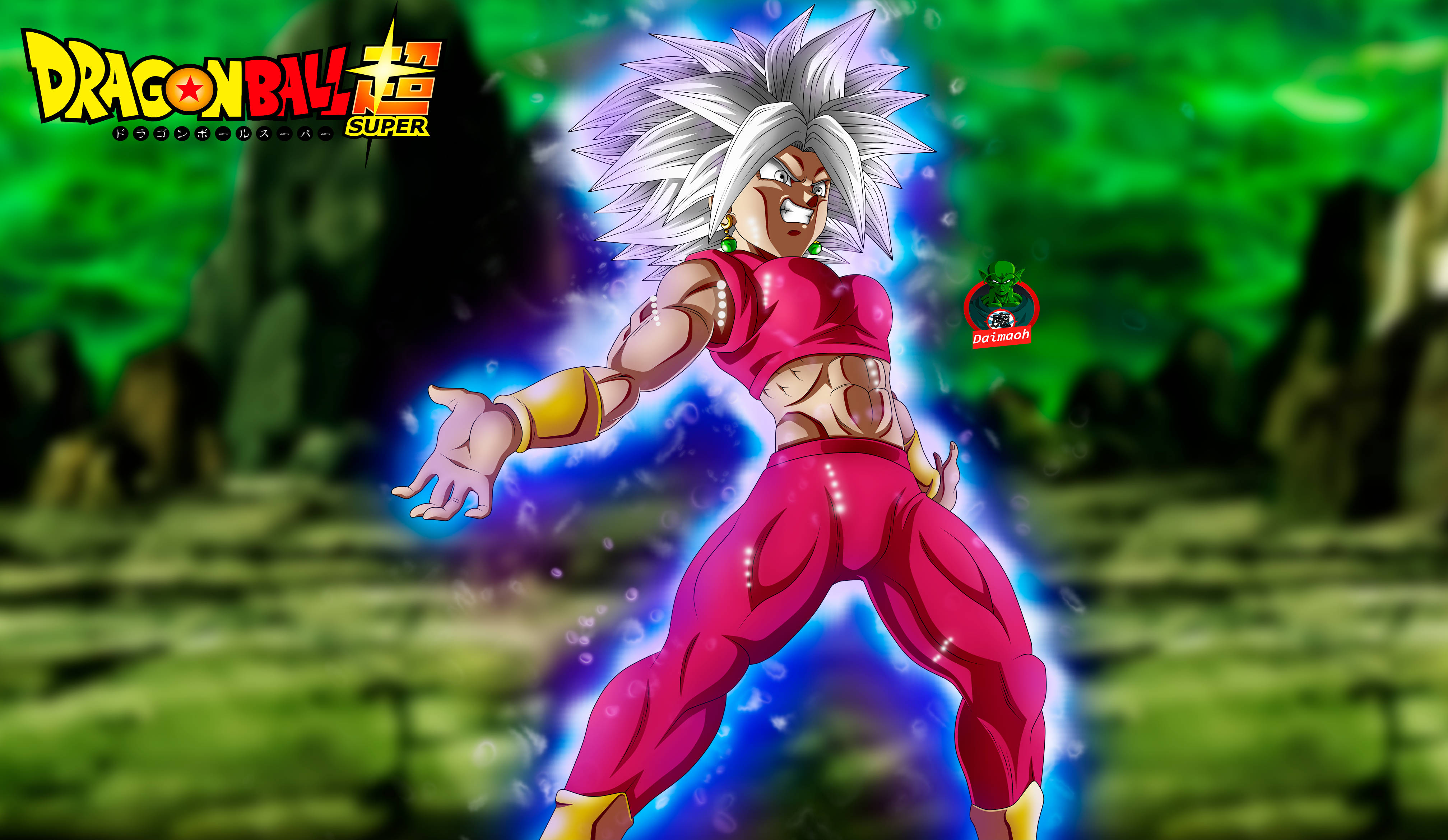 Ultra Instinct Goku 桌布 壁紙 — 一個強大的動漫角色，擁有尖刺的白髮和發光的藍色光環，以動態的戰鬥姿勢站在綠色岩石背景前。