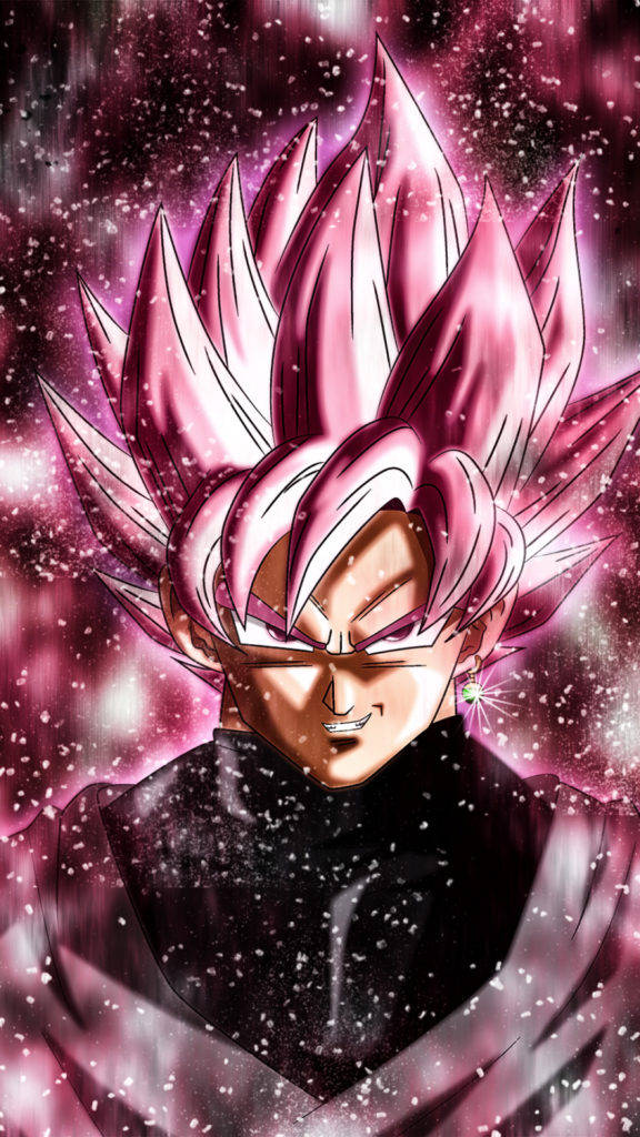 Black Goku 桌布 壁紙 — 一個強大的動漫角色，擁有尖刺的粉紅色頭髮和發光的眼睛，站在宇宙粉紅色和紫色的星空中。