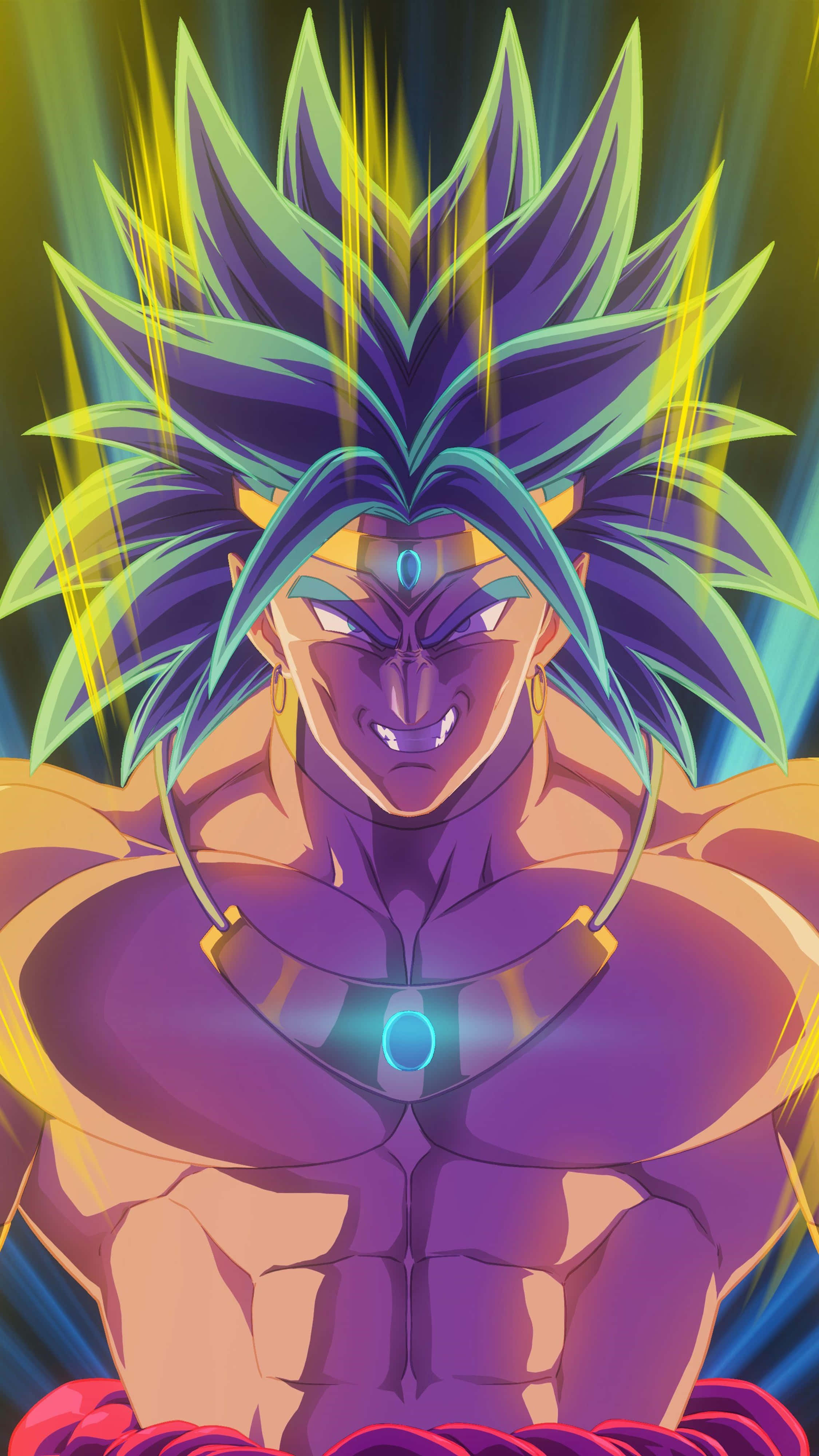 Broly 4K 桌布 壁紙 — 一個強大的動漫角色，擁有尖刺的紫色和綠色頭髮，在發光的黃色和藍色背景下散發能量。