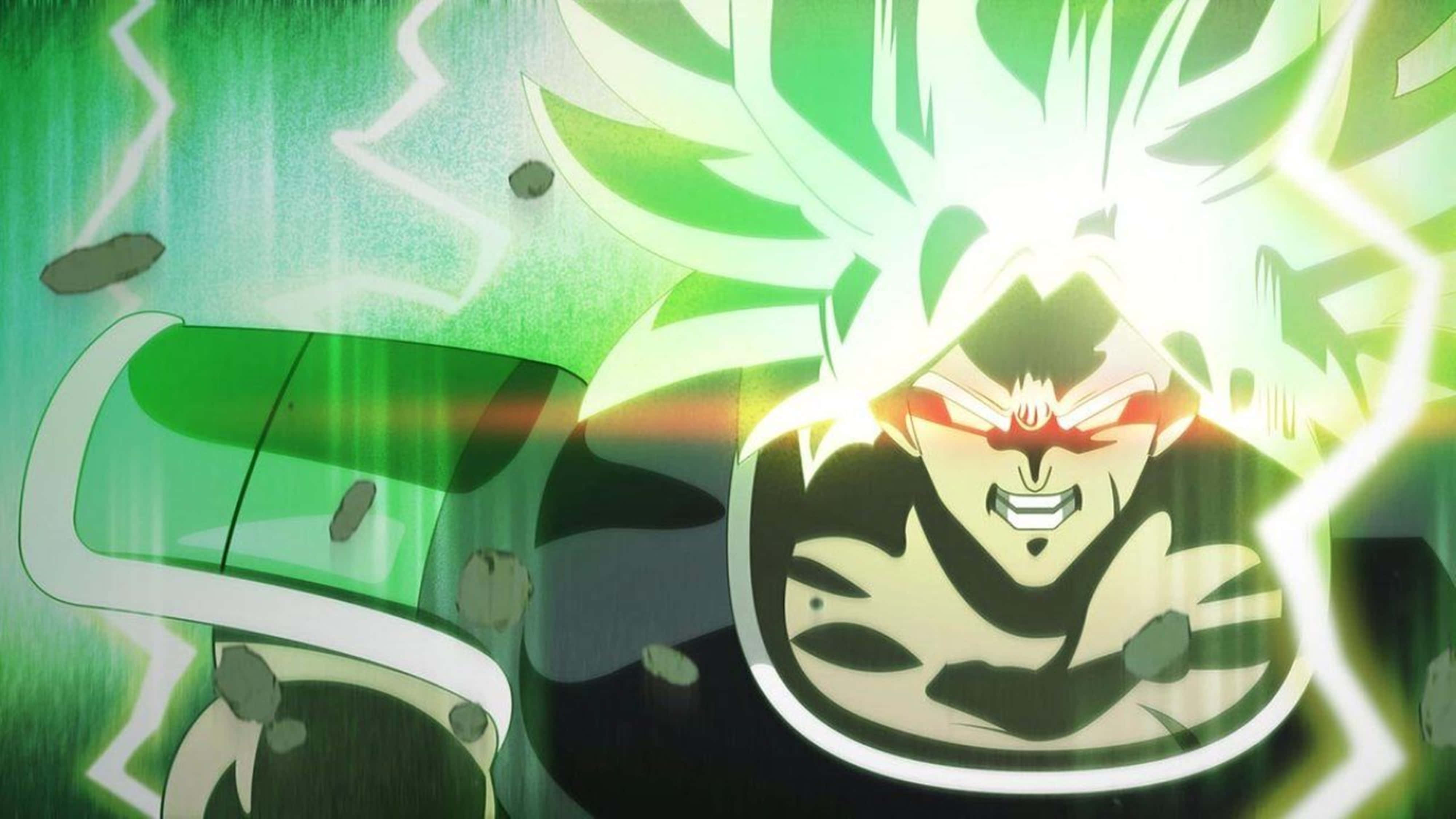 Broly 4K 桌布 壁紙 — 一個強大的動漫角色，擁有尖刺的綠色頭髮和發光的氣場，在充滿活力的綠色背景下散發能量。
