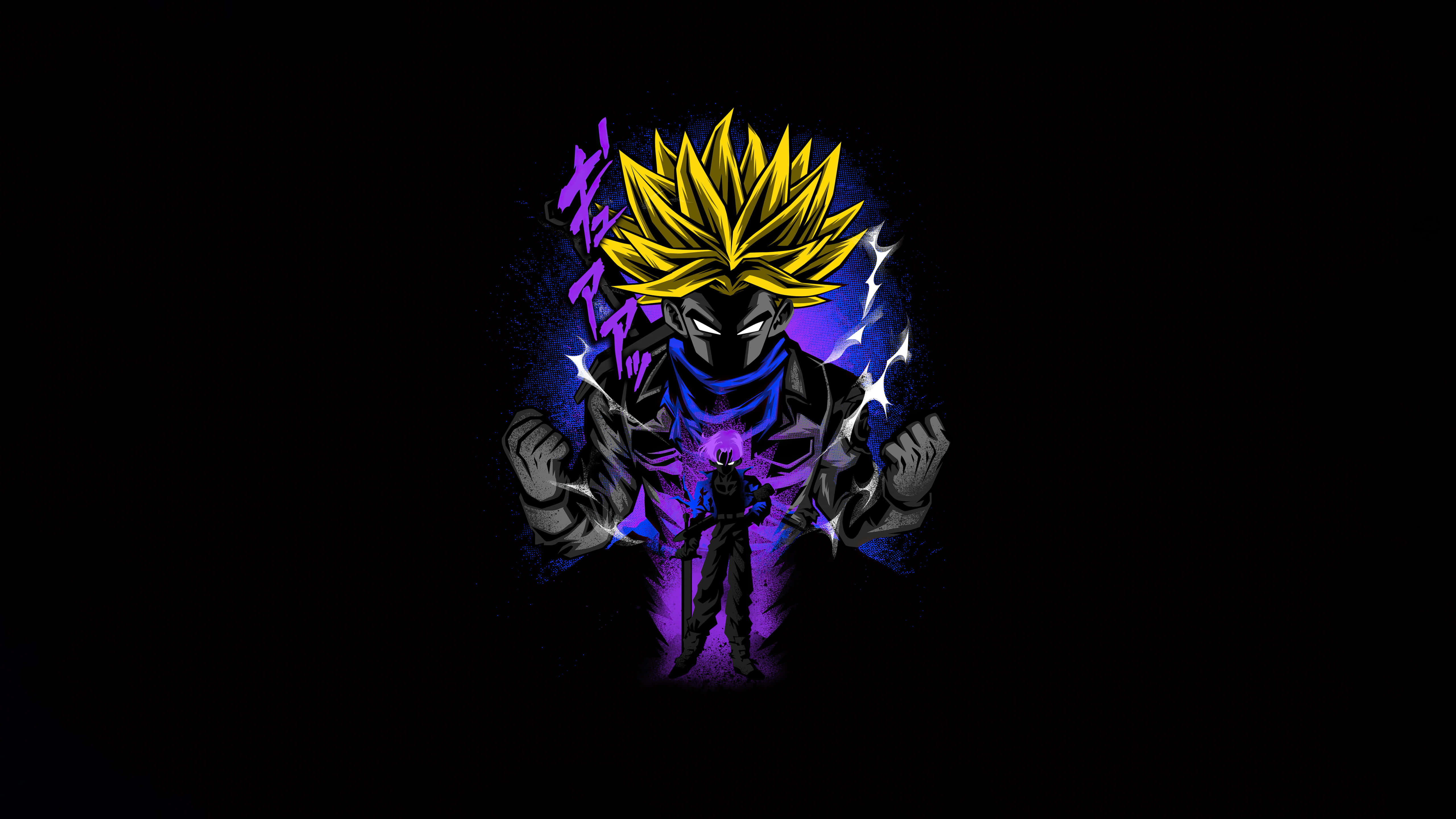 Dragon Ball Z Trunks 桌布 壁紙 — 一個強大的動漫角色，擁有尖刺的金色頭髮和發光的紫色光環，站在帶有閃電效果的黑色背景前。